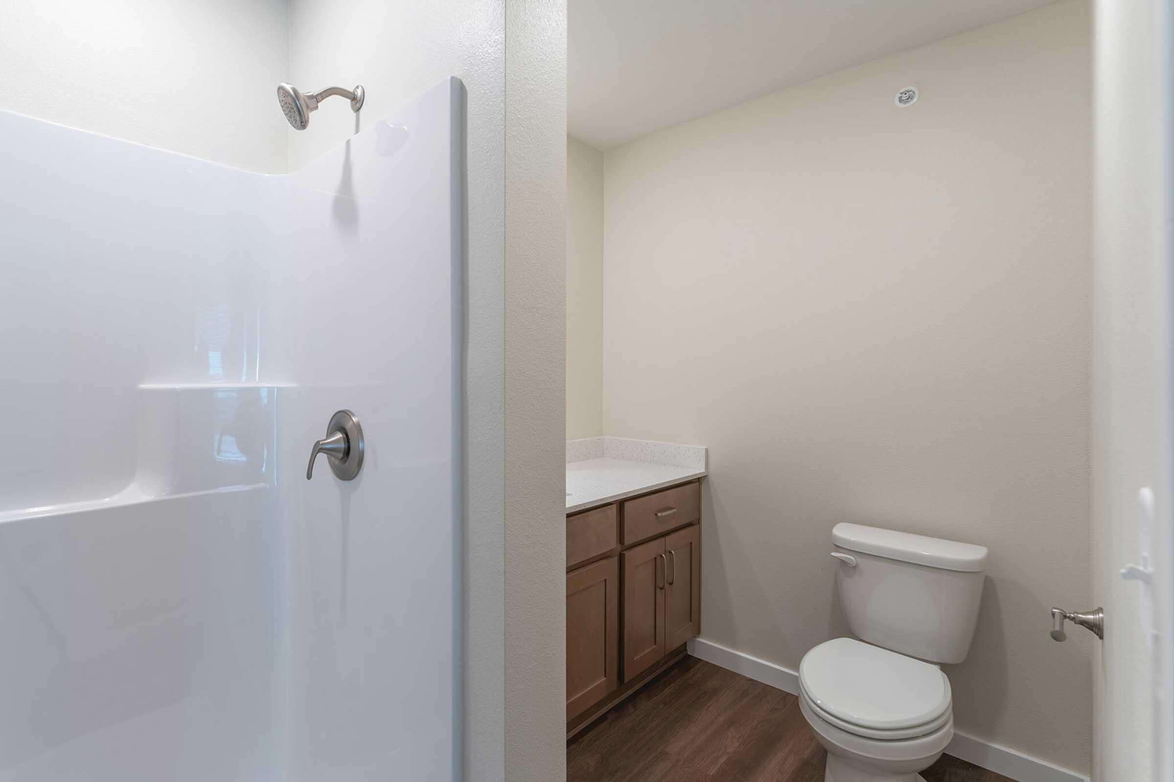 Interior view of a bathroom featuring a shower stall on the left with a glass panel, and on the right, a toilet next to a vanity with wooden cabinets and a countertop. The walls are painted a light color, and the flooring is dark wood.