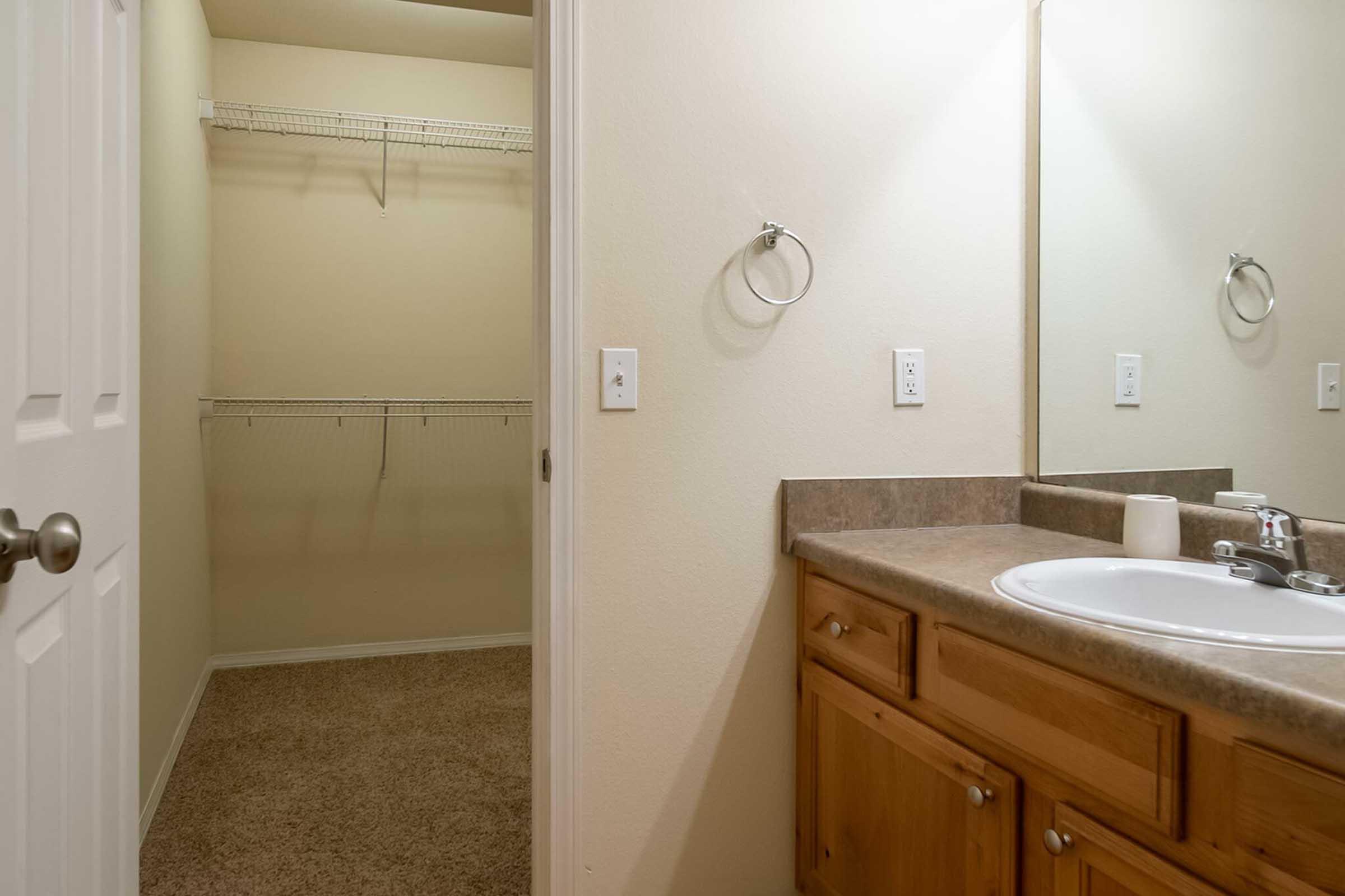 A simple bathroom with a sink and wooden cabinetry, leading to a walk-in closet with wire shelving. The walls are painted a light color, and there is a large mirror above the sink. The floor is carpeted. Soft lighting enhances the spacious feel of the area.