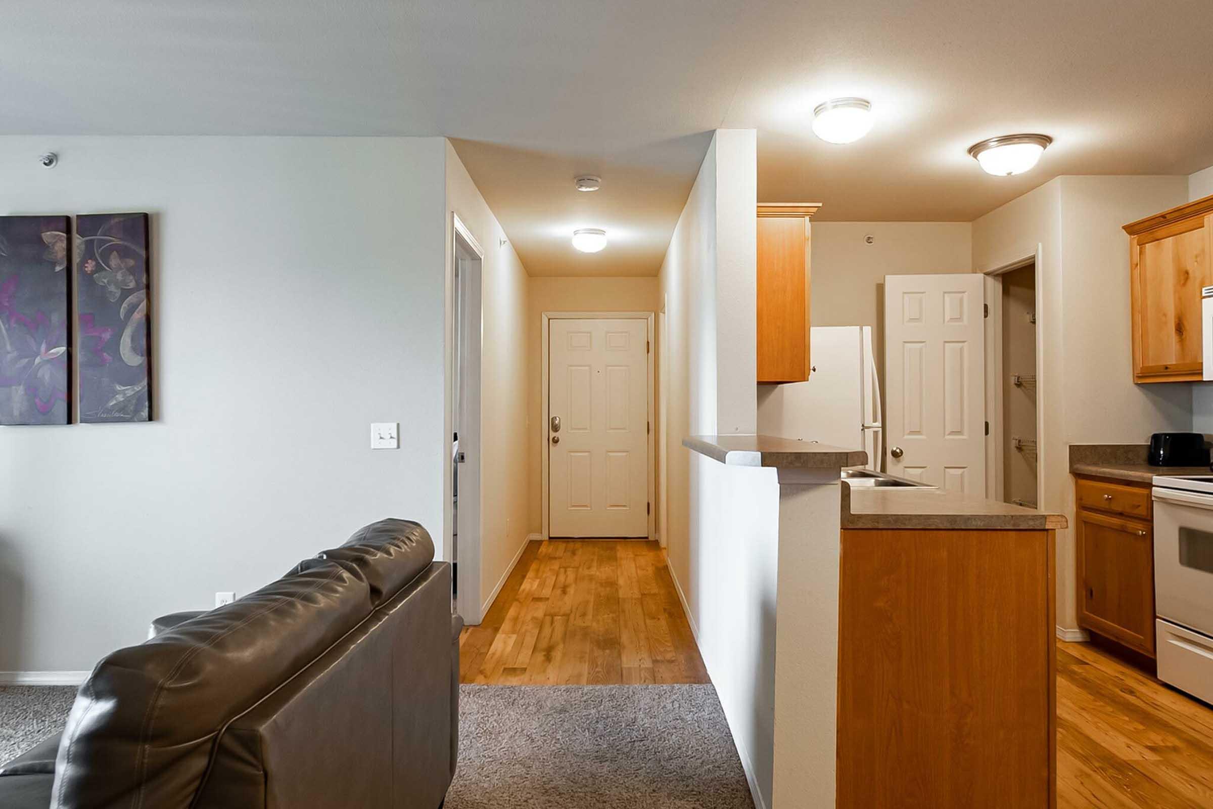 Interior view of an apartment featuring a living area with a gray couch, a kitchen with wooden cabinets, and an open hallway leading to a front door. Bright lighting enhances the space, and there is a piece of artwork on the wall, adding a decorative touch to the modern design.