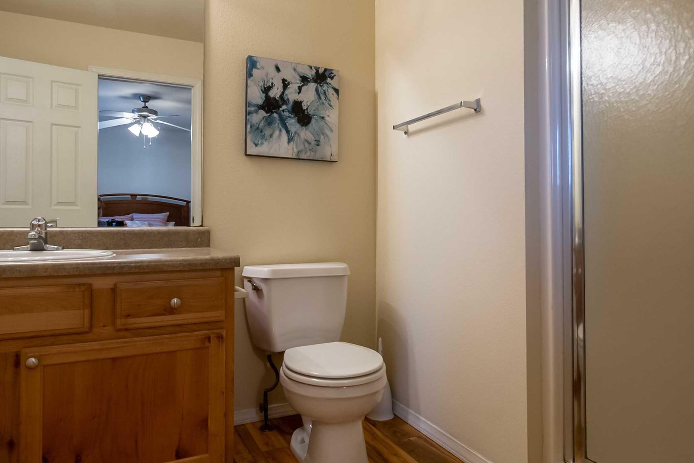 A bathroom featuring a wooden vanity with a sink, a white toilet, and a glass-enclosed shower. The walls are painted a light color, and there's a piece of abstract artwork on the wall. A door can be seen leading to another room, along with a ceiling fan visible in the reflection.