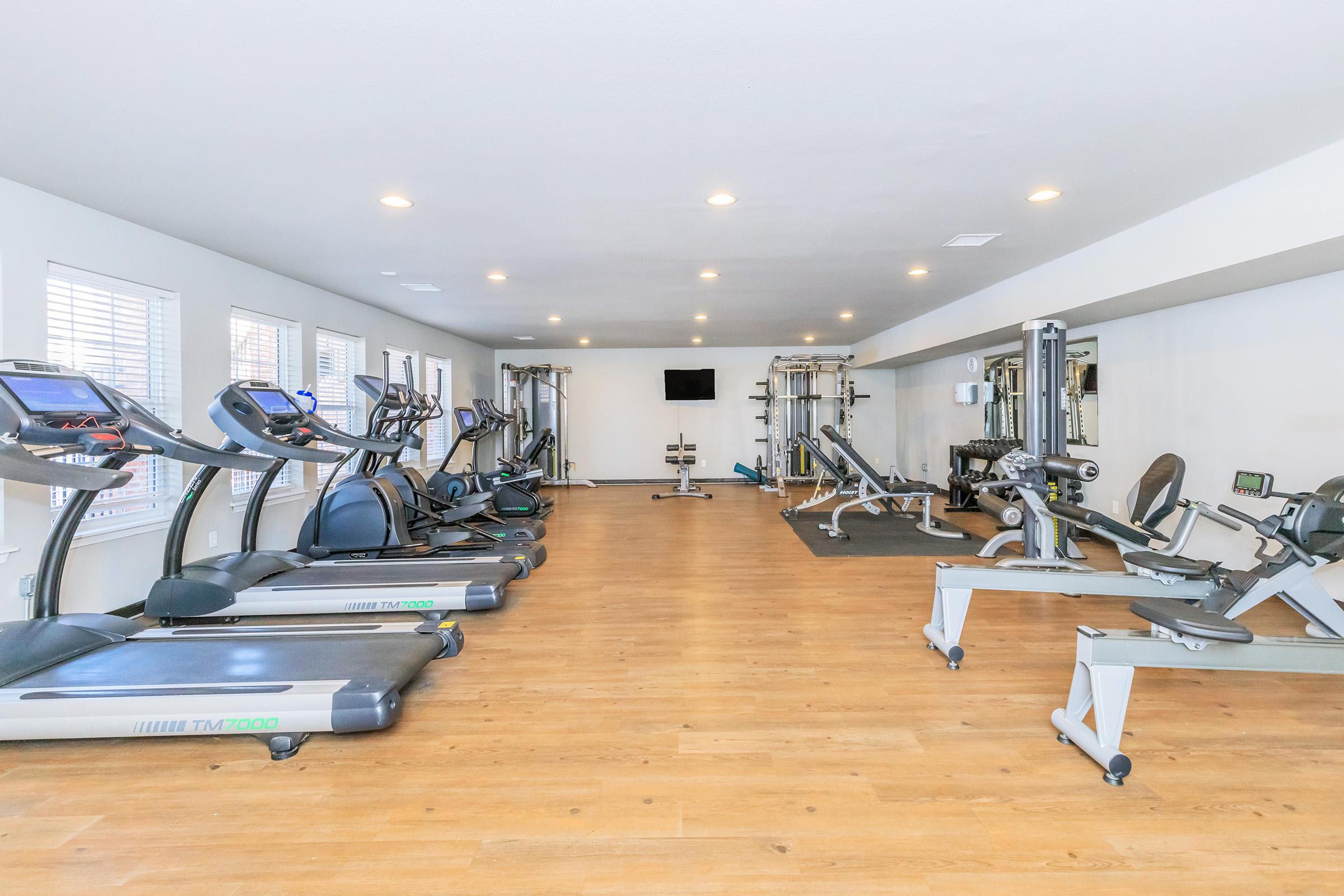 A spacious and well-lit gym featuring various workout equipment, including treadmills, elliptical machines, and weight training stations. The room has wooden floors and large windows allowing natural light, with a flat-screen TV mounted on the wall.