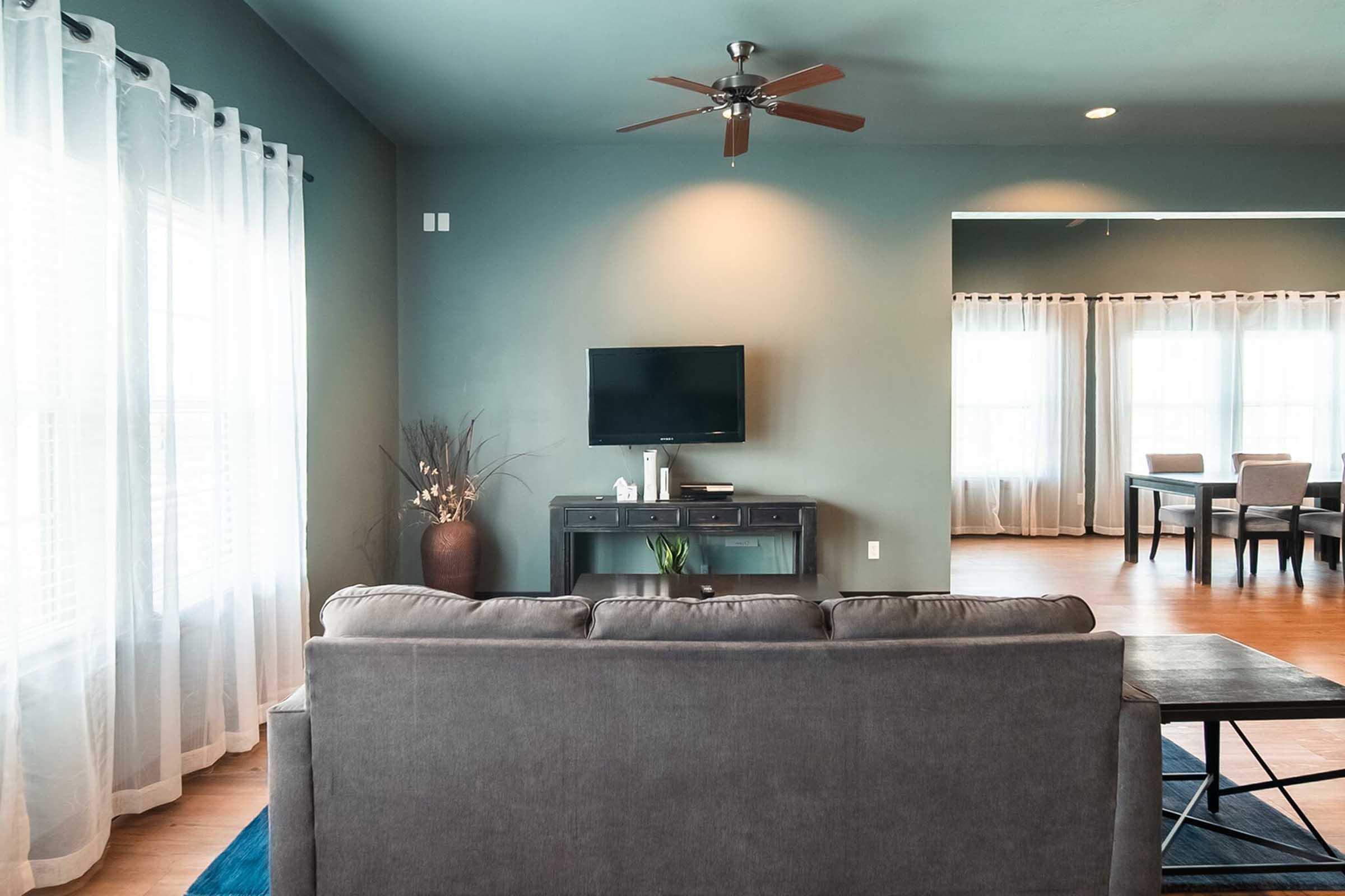 A modern living room featuring a gray sofa facing a dark wooden console table with a flat-screen TV mounted on the wall. Soft white curtains frame large windows, allowing natural light to fill the space. The room has wooden flooring and a simple blue area rug. A dining area is visible in the background.