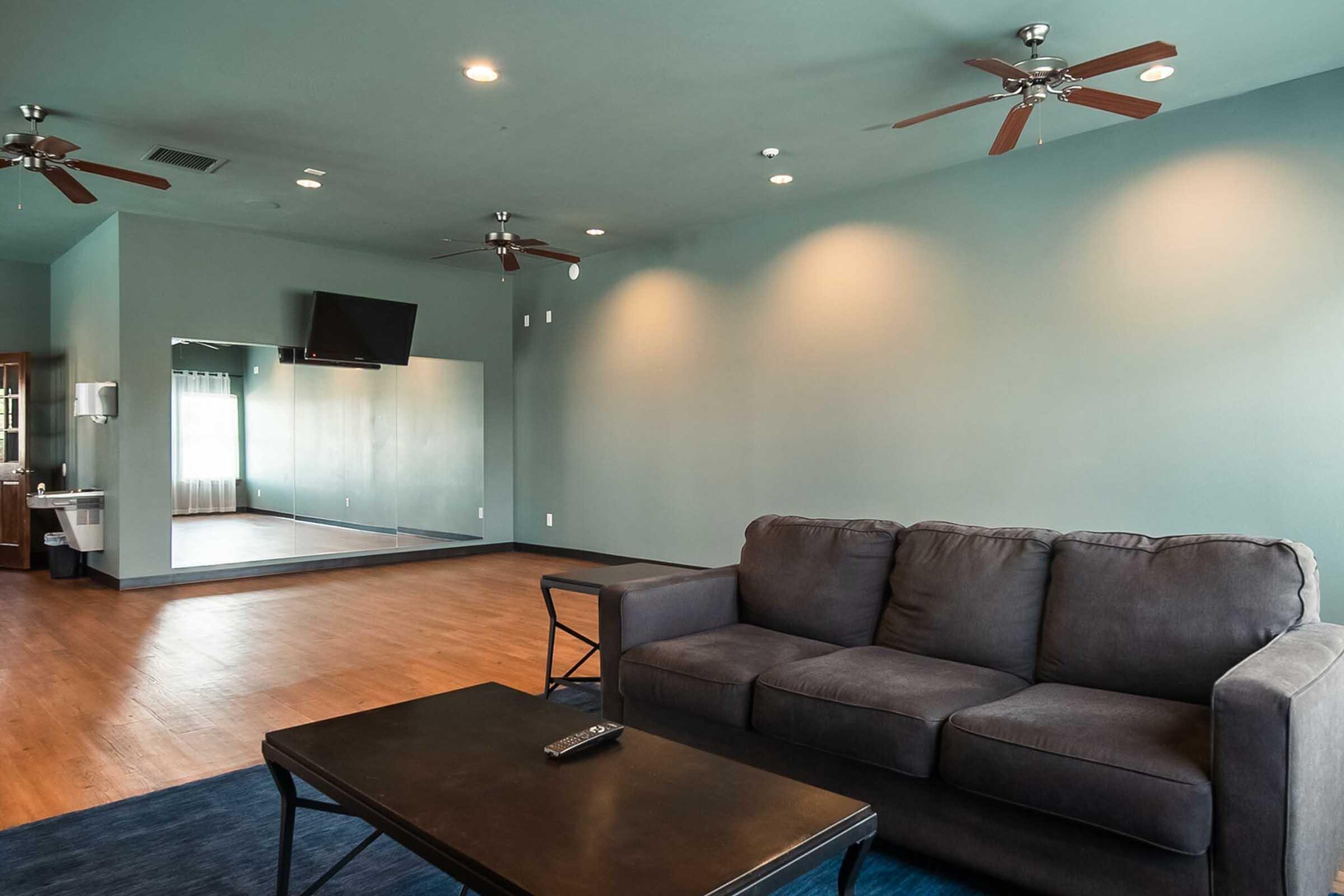 A spacious living area featuring a dark gray couch, a coffee table with a remote control, and wooden flooring. The walls are painted in light teal, and there are ceiling fans above. A large mirror and a television are visible in the background, contributing to an inviting atmosphere.