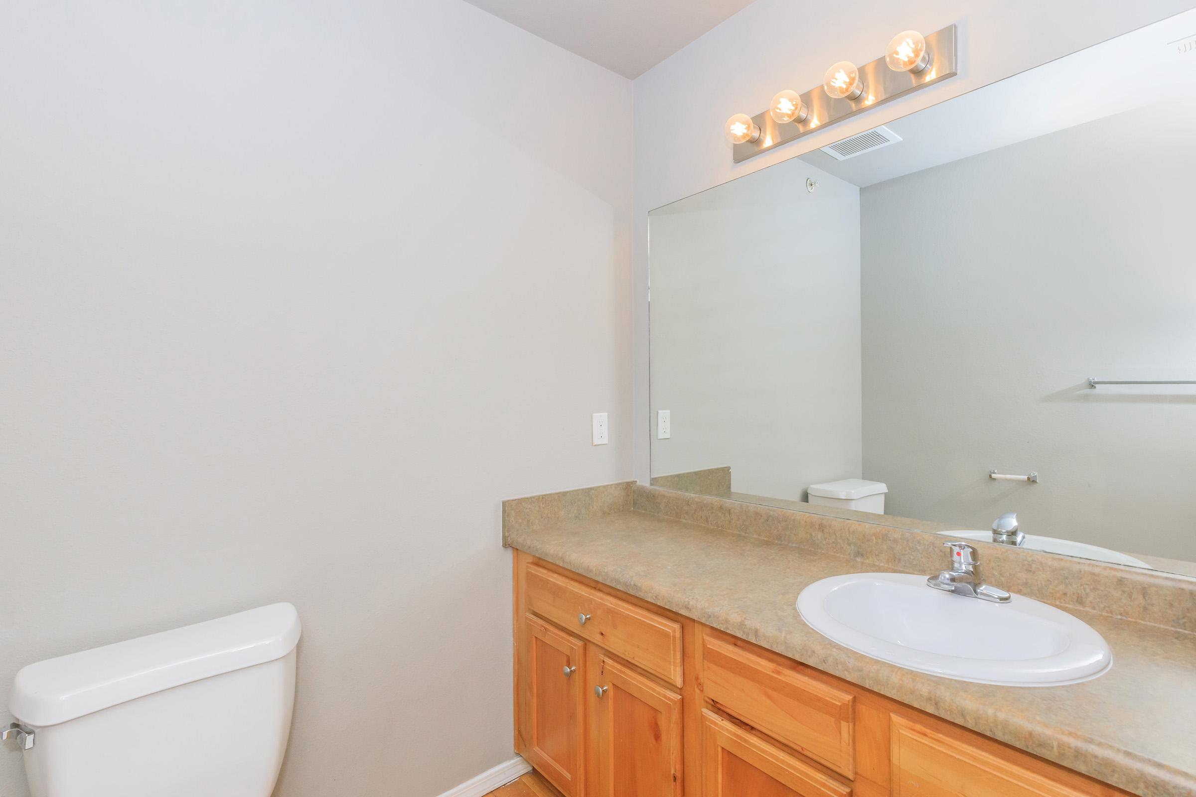 A bathroom interior featuring a light gray wall, wooden cabinetry with a sink, a large mirror, and a toilet. The countertop is simple, and there are four light fixtures above the mirror illuminating the space. The overall design is clean and modern, with minimal decor.