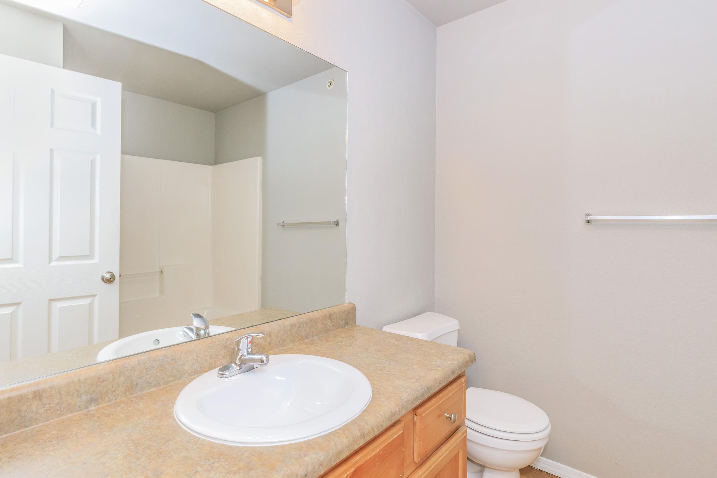 A clean and modern bathroom featuring a single sink with a countertop, a large mirror above, and a white toilet. The walls are painted in a light gray color, and a shower area is visible in the background. There is a towel bar mounted on the wall, complementing the simple and functional design.