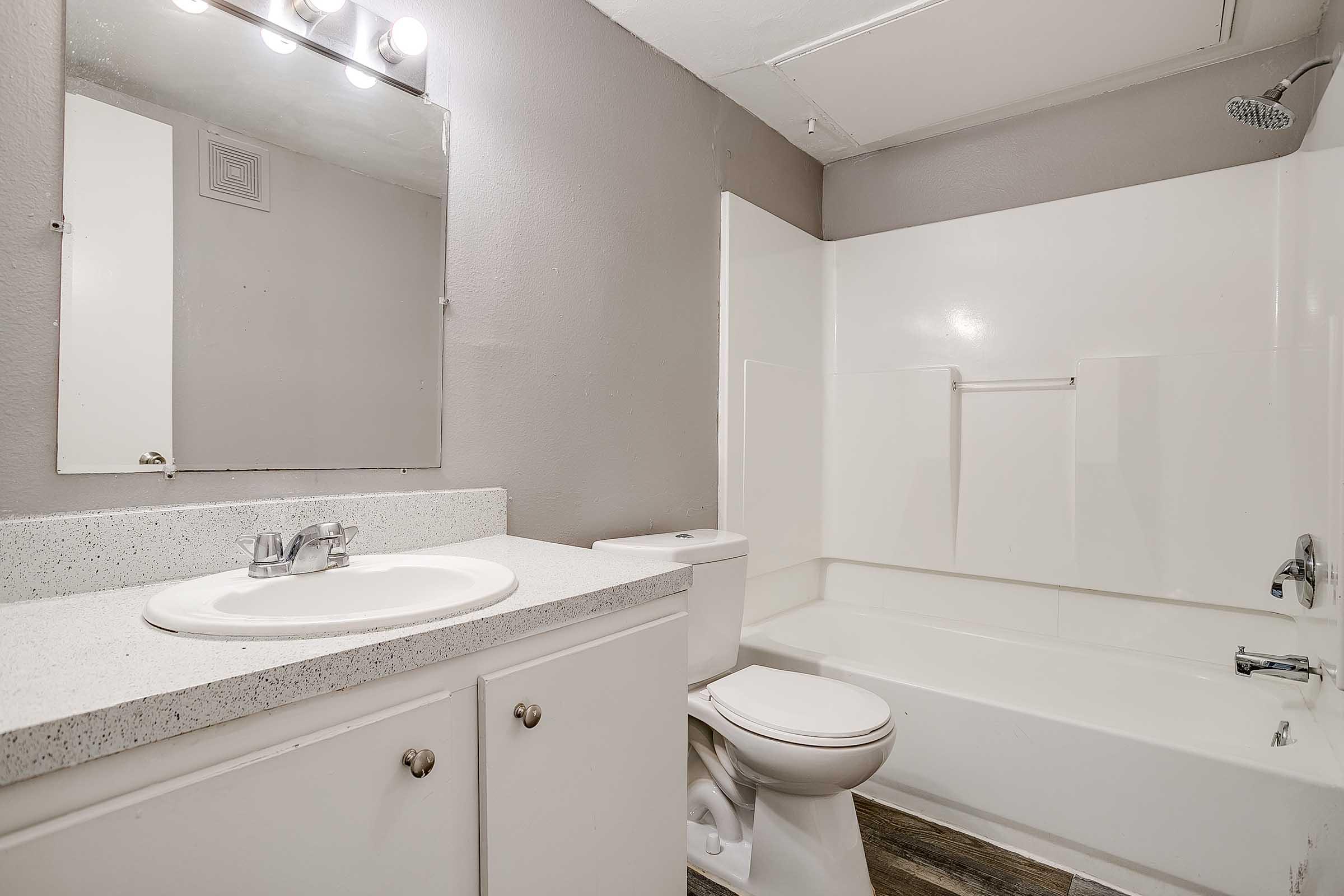 A clean, modern bathroom featuring a white bathtub and shower combination, a toilet, and a sink with a gray countertop. The walls are painted in a light gray, and there is a large mirror above the sink with overhead lighting. The floor has a wood-like appearance.