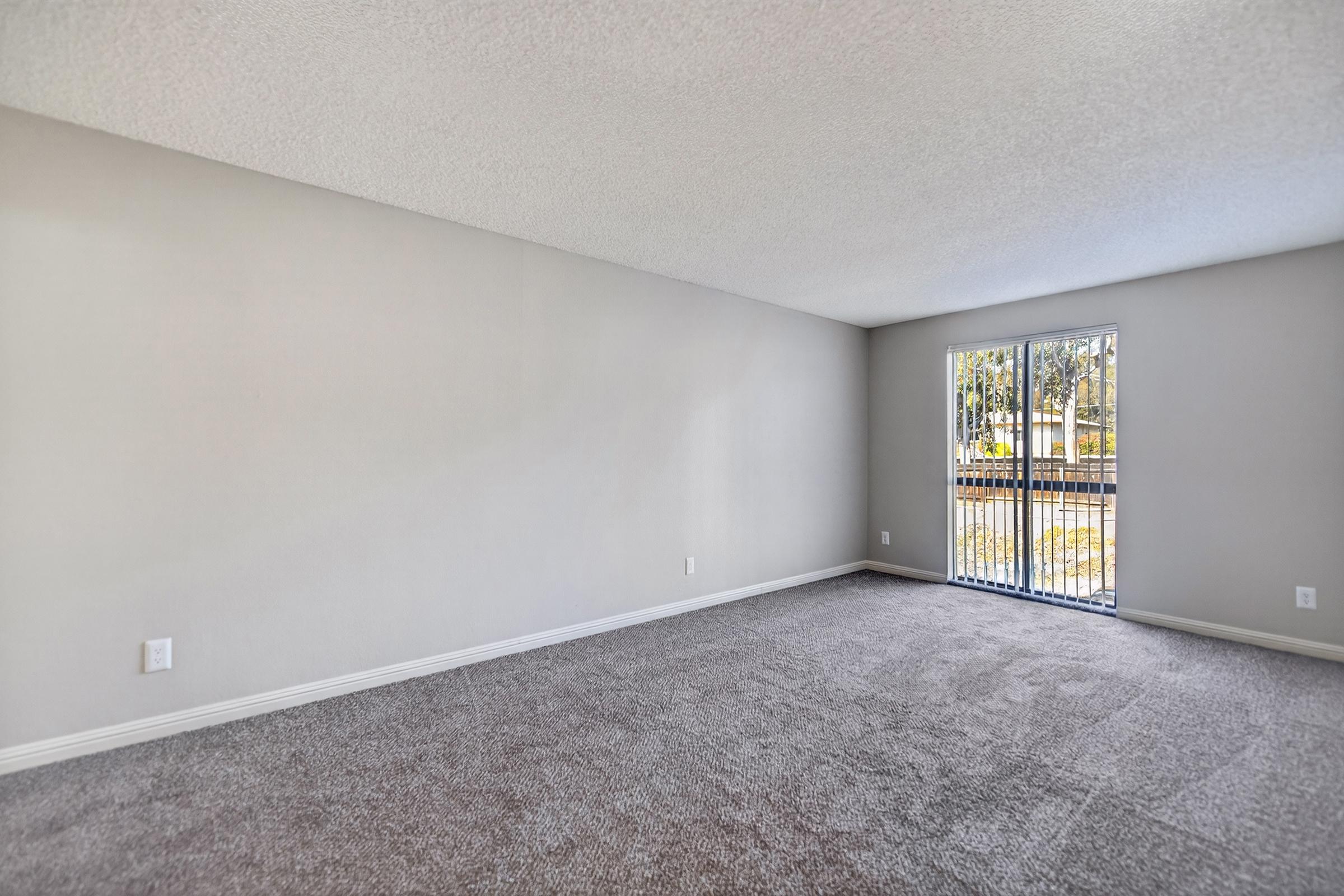 A spacious, empty room featuring light gray walls and plush carpet. One wall has large sliding glass doors leading to an outdoor area, allowing natural light to fill the space. No furniture is present, emphasizing the room's openness and versatility for various uses.