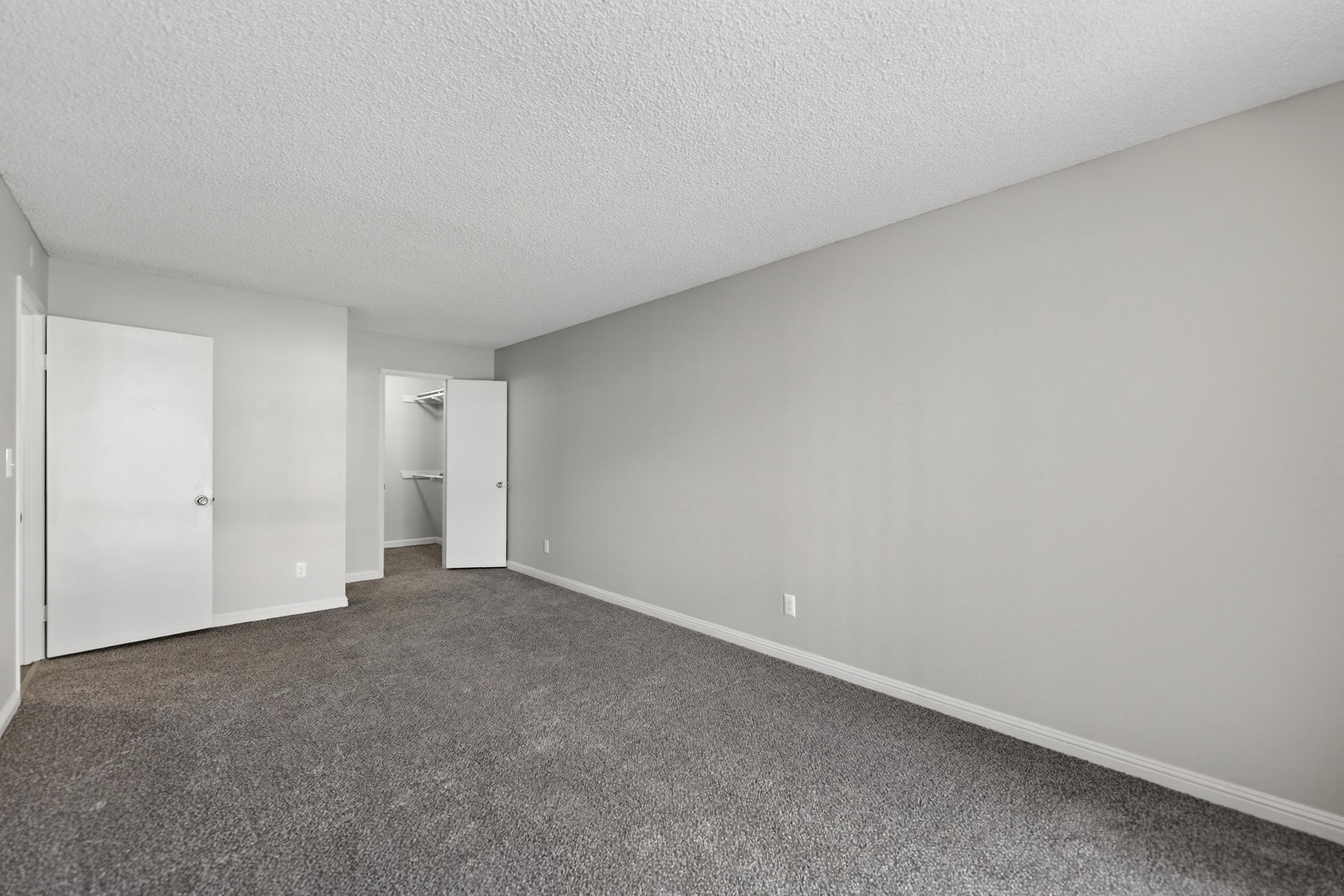 A spacious, empty room with light gray walls and carpeted flooring. There are two closed doors, one leading to a closet and another to an adjacent room. The space is well-lit, suggesting a bright and airy atmosphere, ideal for personalization or furnishing.