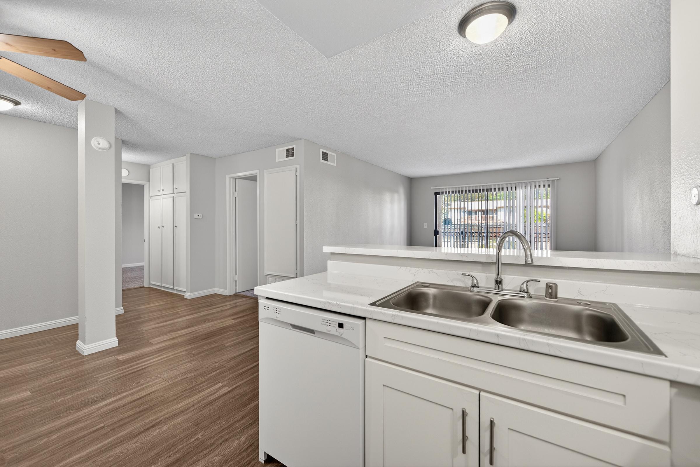 Modern kitchen view featuring a double sink with a dishwasher underneath. The space has light-colored cabinetry and a ceiling fan overhead. Adjacent to the kitchen is a living area with sliding glass doors leading to an outdoor patio, complemented by natural light and a neutral color palette.