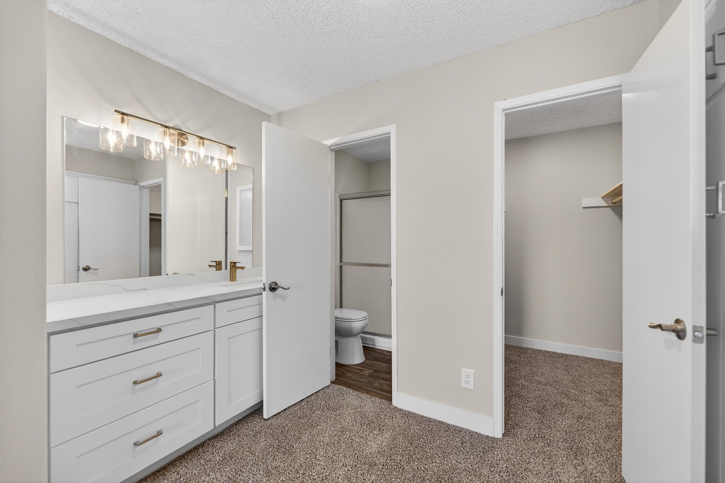 A modern bathroom view featuring a vanity with a large mirror and stylish lighting. Two open doors lead to an adjacent room and a small bathroom, which includes a toilet. The room has neutral-colored walls and carpeted flooring, creating a clean and inviting atmosphere.