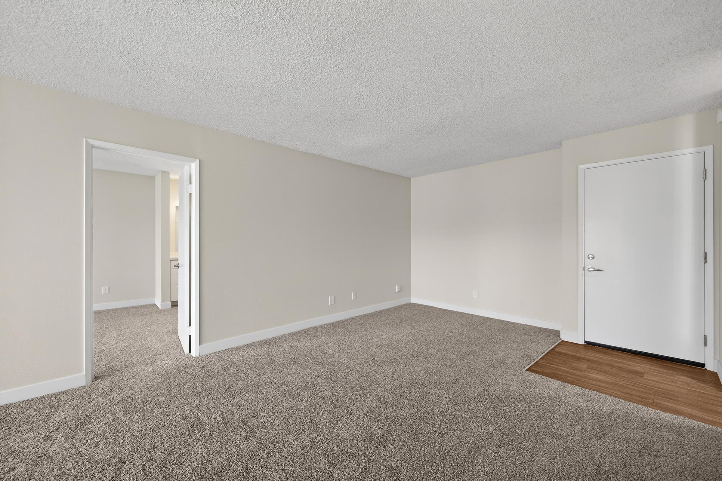 A spacious, empty living area with light beige walls and plush gray carpet. To the right, a door opens to the entrance, while an adjacent doorway leads to another room. The space is well-lit, featuring a textured ceiling, and offers a clean, neutral aesthetic, ready for personalization.