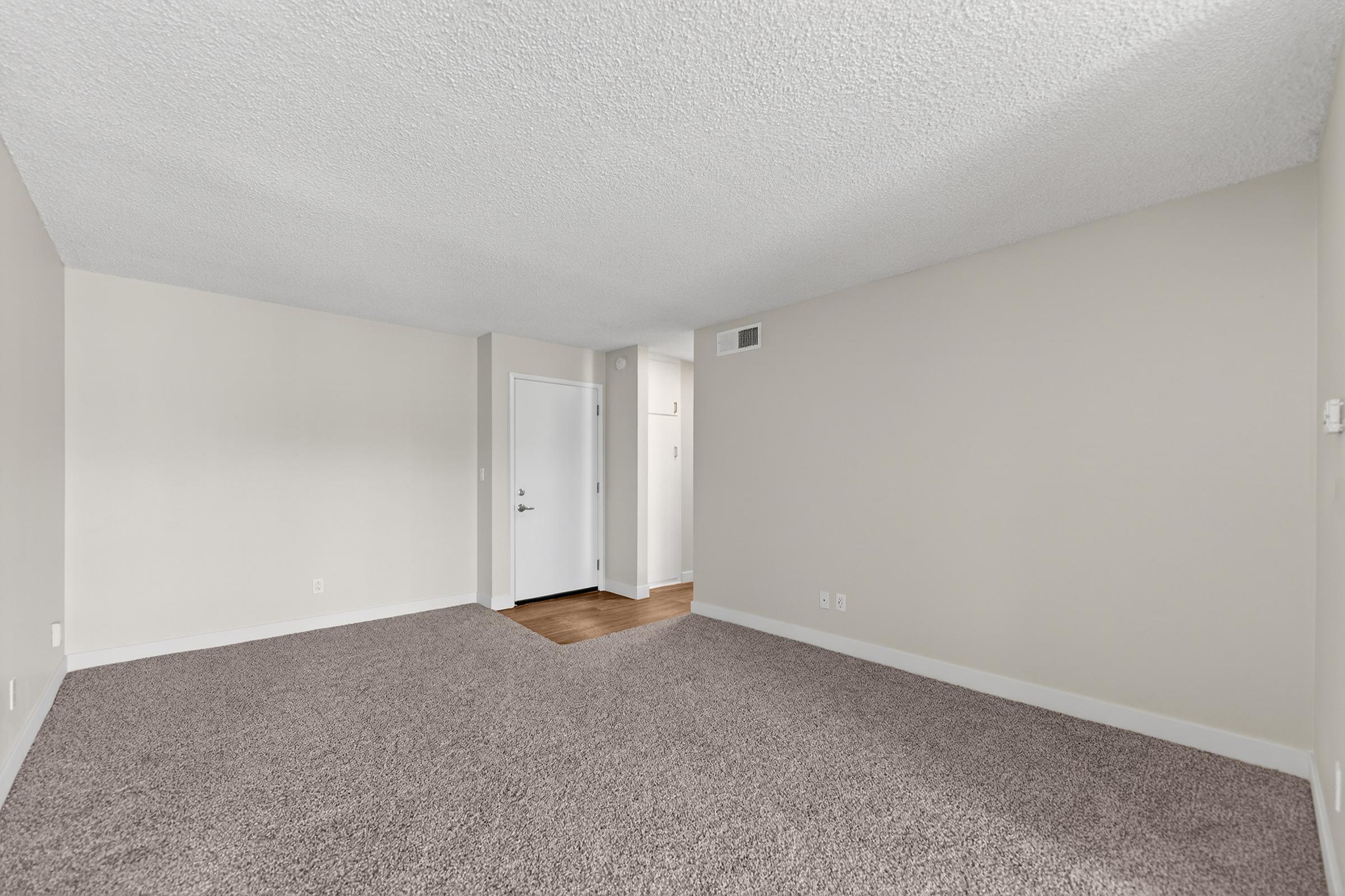 Spacious interior of a room with light gray walls, a textured ceiling, and plush carpet. The room features a doorway leading to a hallway, a white door, and natural light coming from an unseen window. The overall ambiance is clean and modern, ready for decoration.