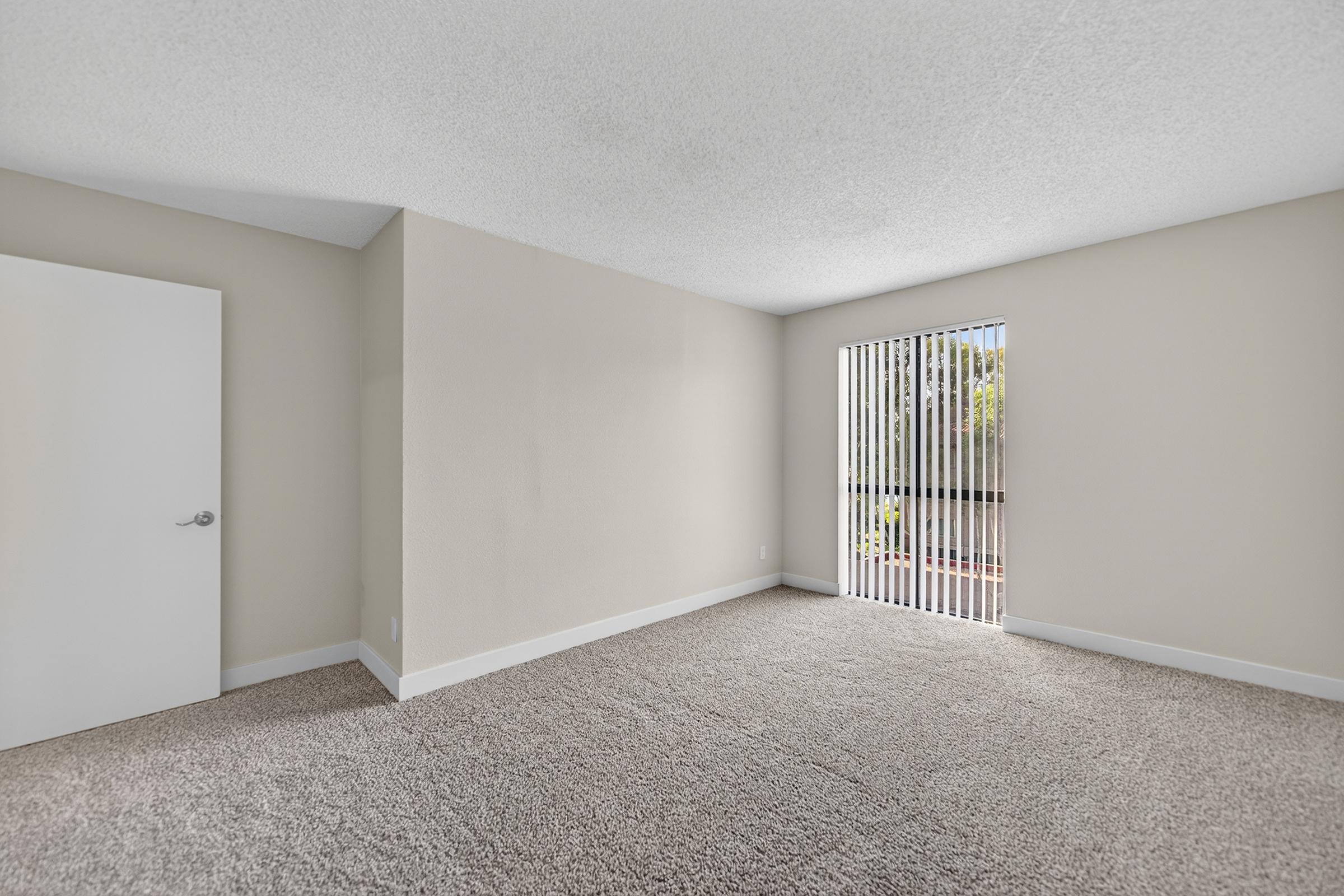 A spacious room with light beige walls and carpeted flooring. There's a white door on the left and a large window with vertical blinds on the right, allowing natural light to enter. The overall atmosphere is bright and inviting, ideal for a bedroom or office space.