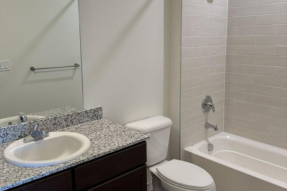 A modern bathroom featuring a white bathtub with a shower, a toilet, and a granite countertop with a sink.