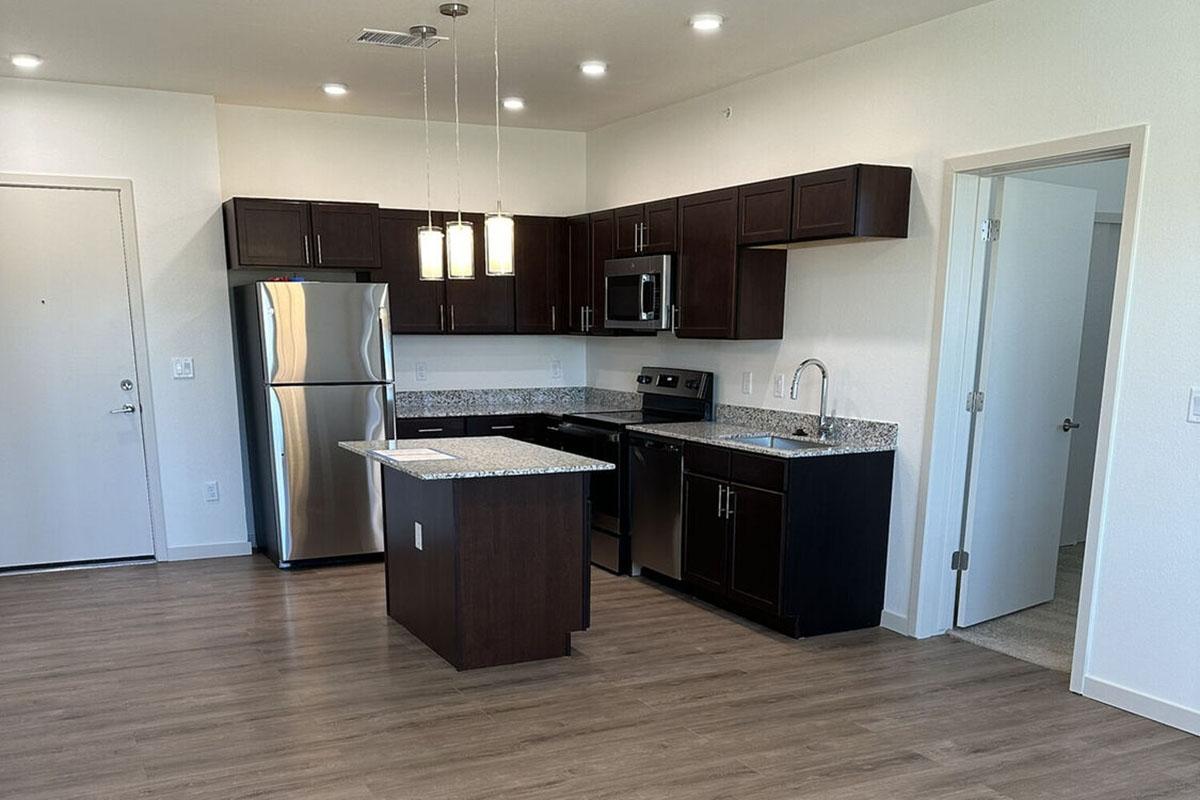 Modern kitchen featuring dark wooden cabinets, stainless steel appliances, and a granite countertop island.