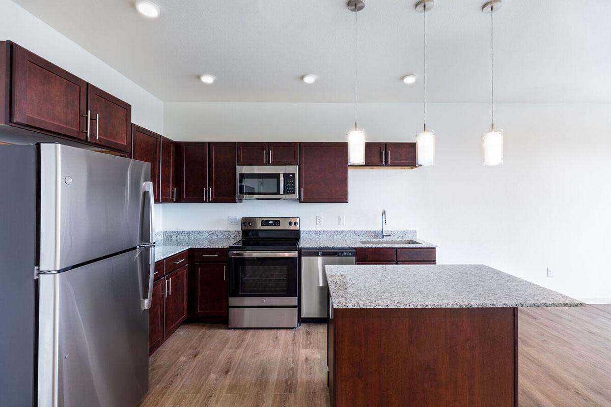 Modern kitchen featuring dark wood cabinets, stainless steel appliances, and a large granite island.