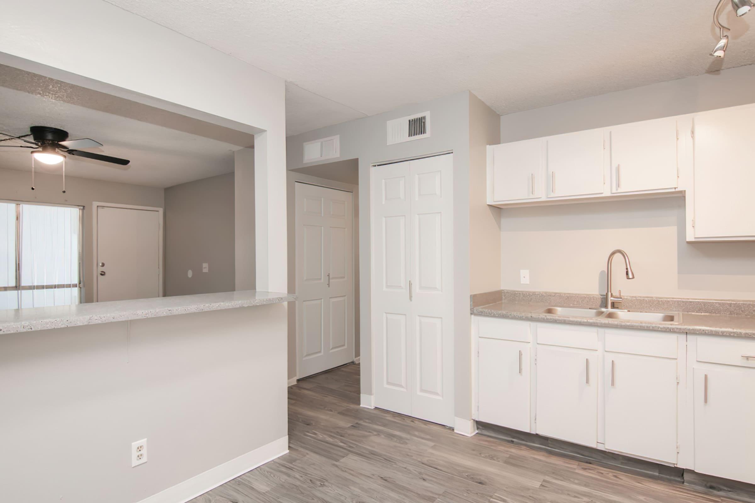 a kitchen with a sink and a mirror