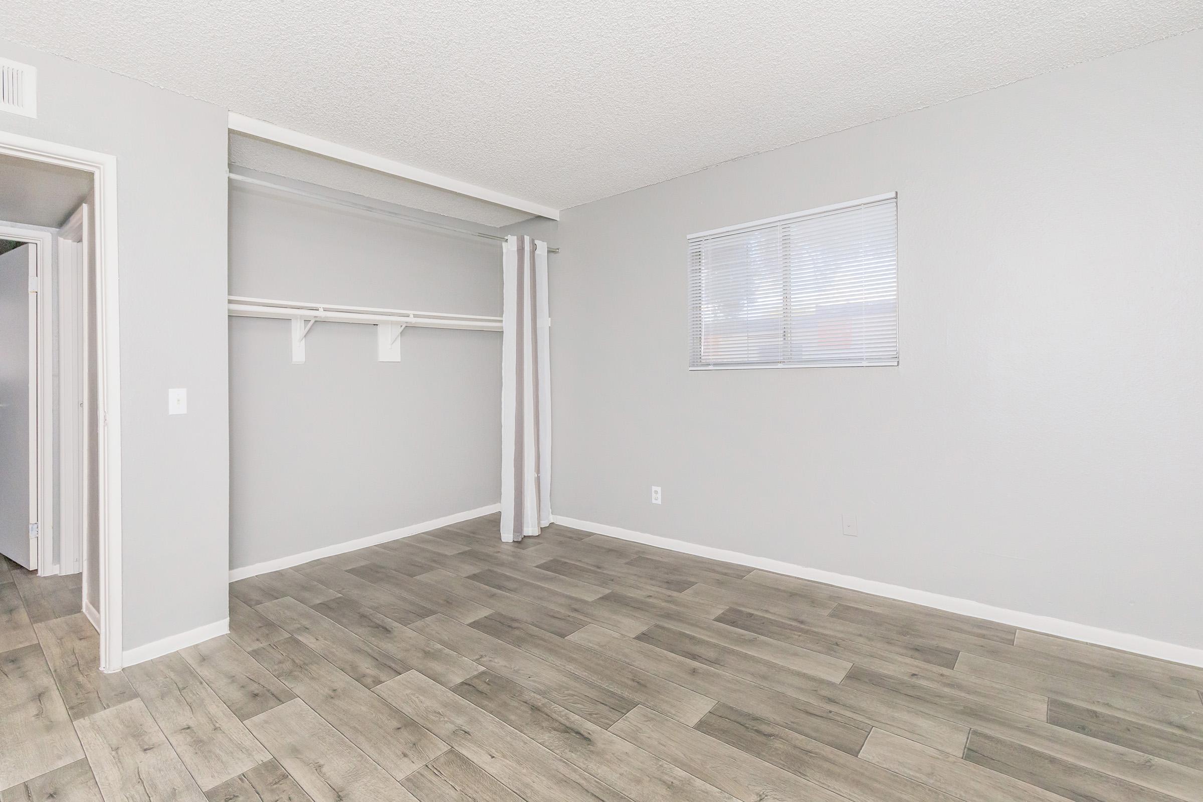 A light gray, empty room featuring a large window with blinds, beige plank flooring, and a closet with an open hanging rod. The walls are painted in a neutral tone, and there are sheer curtains. The overall space is bright and minimalistic, suitable for various uses.