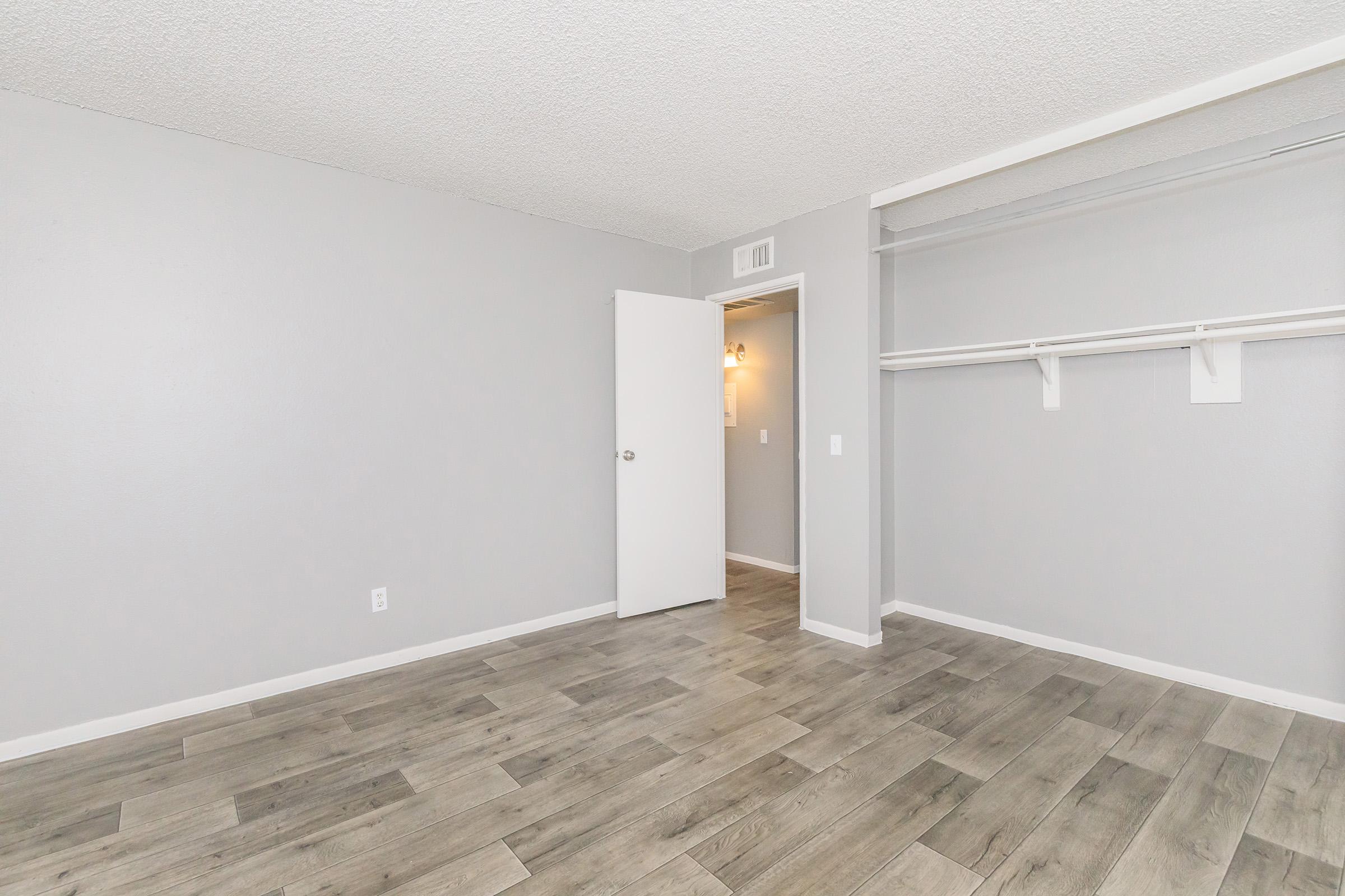 Empty room with gray walls and a light-colored wood floor. A white door is partially open, leading to a small hallway with a light fixture. There is a closet space along one wall with a shelf and hanging rod, emphasizing the spaciousness of the area.