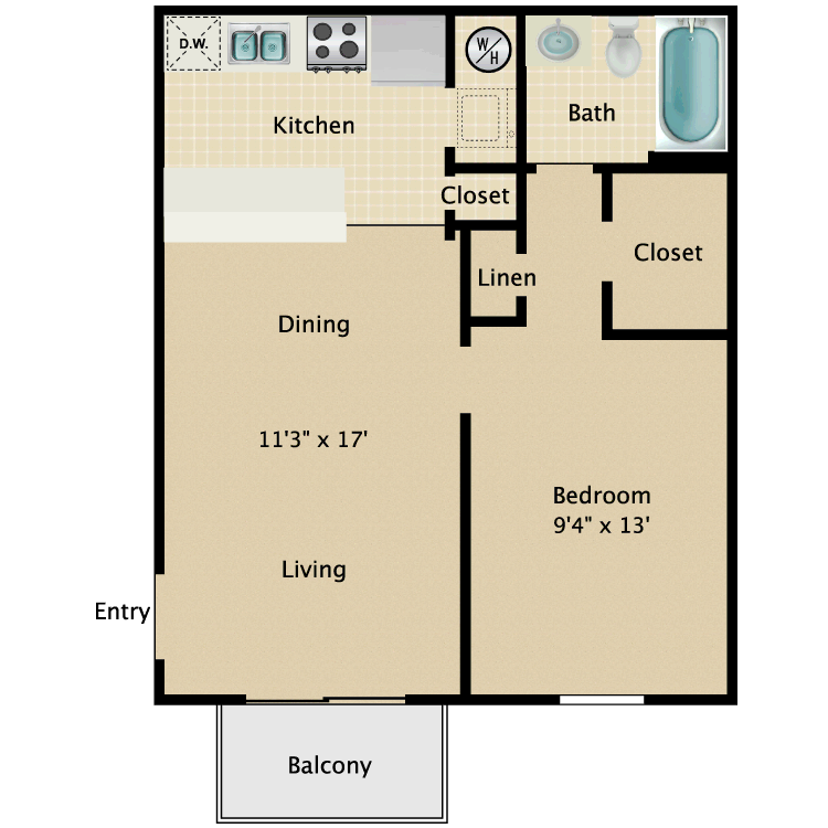 Floor plan image of 1 Bed 1 Bath