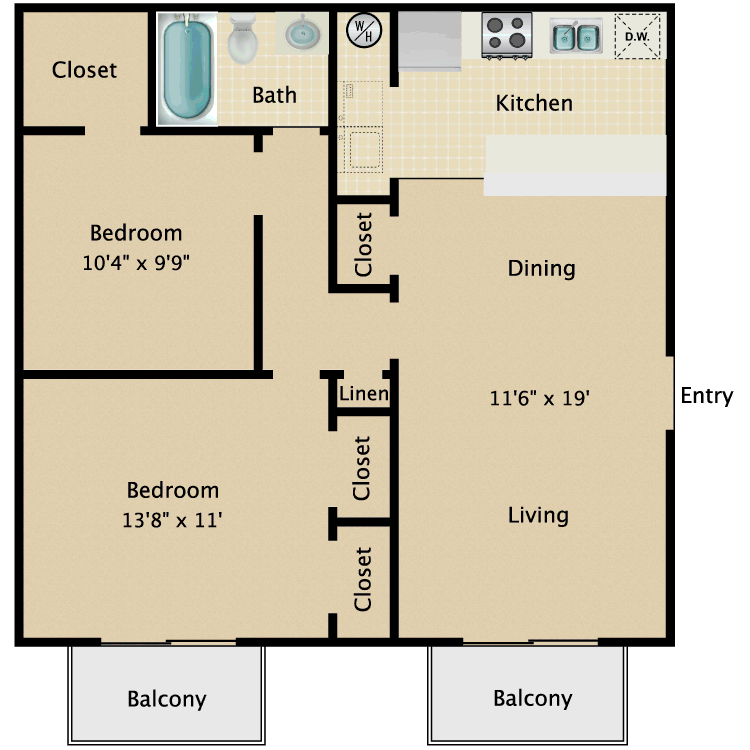 Floor plan image of 2 Bed 1 Bath