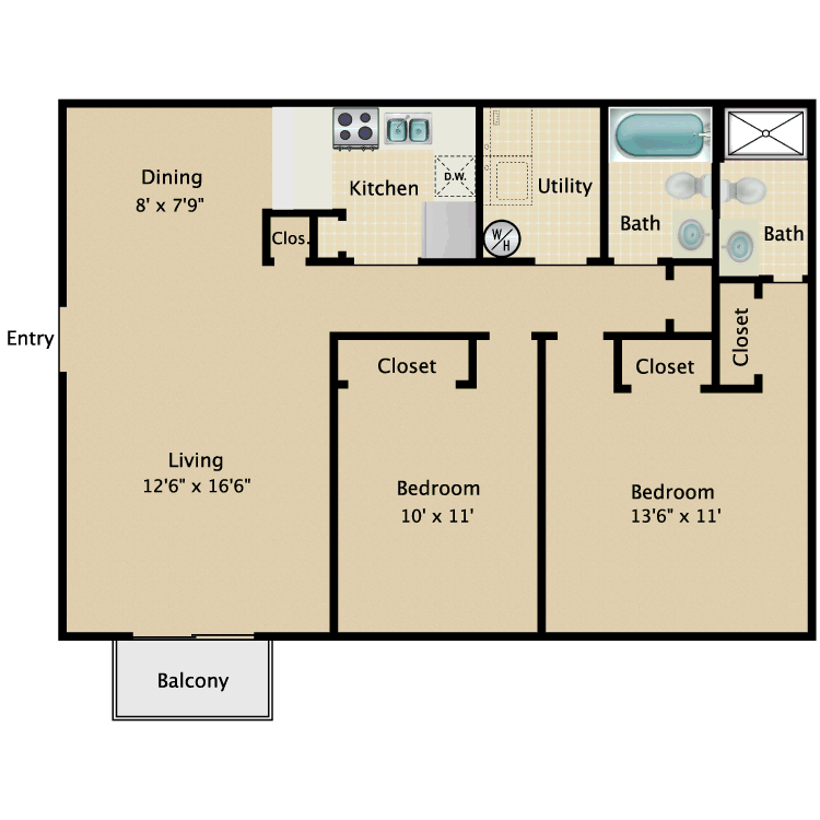 Floor plan image of 2 Bed 2 Bath