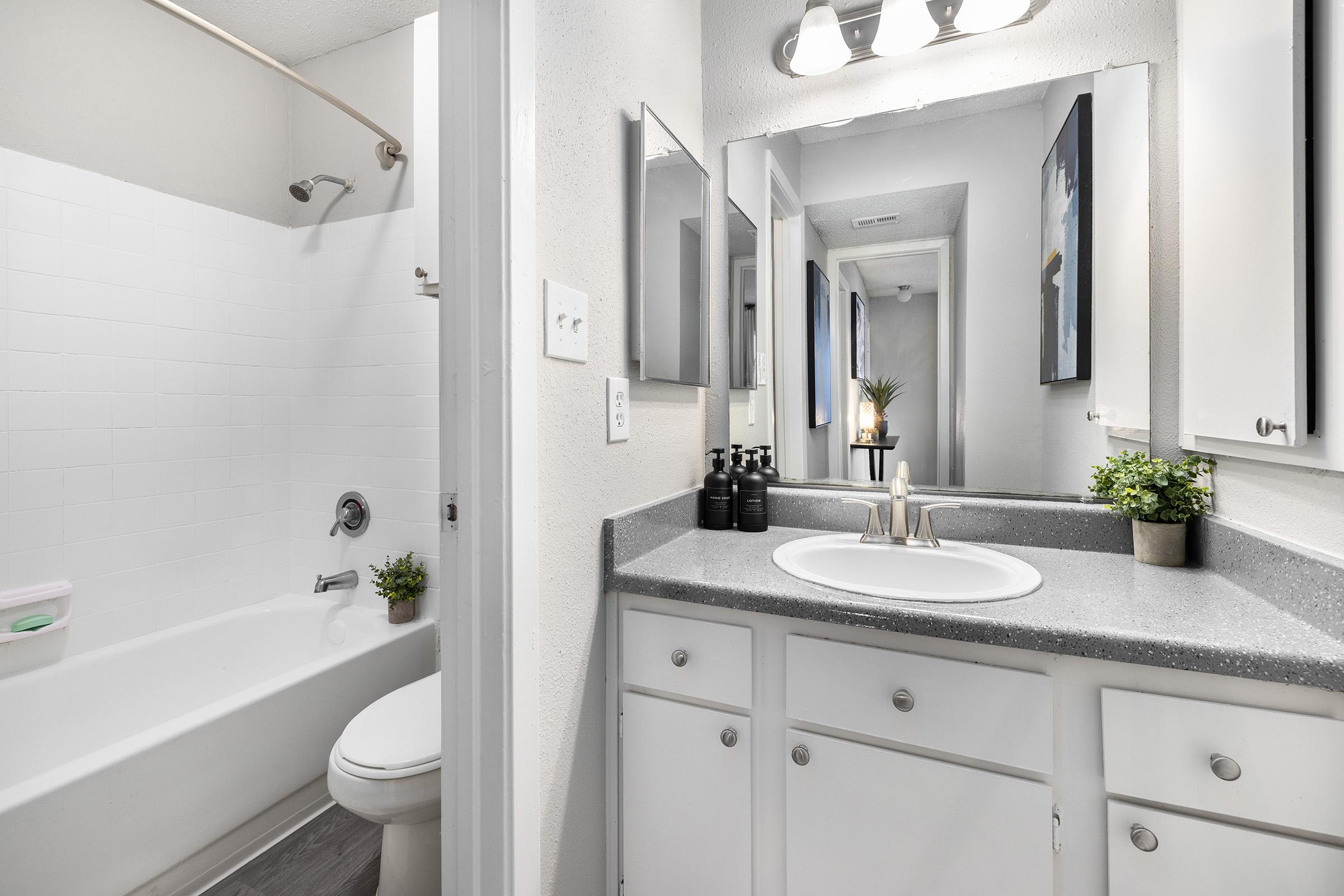 Bright and modern bathroom featuring a bathtub with shower, a sleek sink with a countertop, and white cabinetry. Mirrors are mounted above the sink, and decorative plants add a touch of greenery. Soft lighting and neutral colors create a clean and inviting atmosphere.