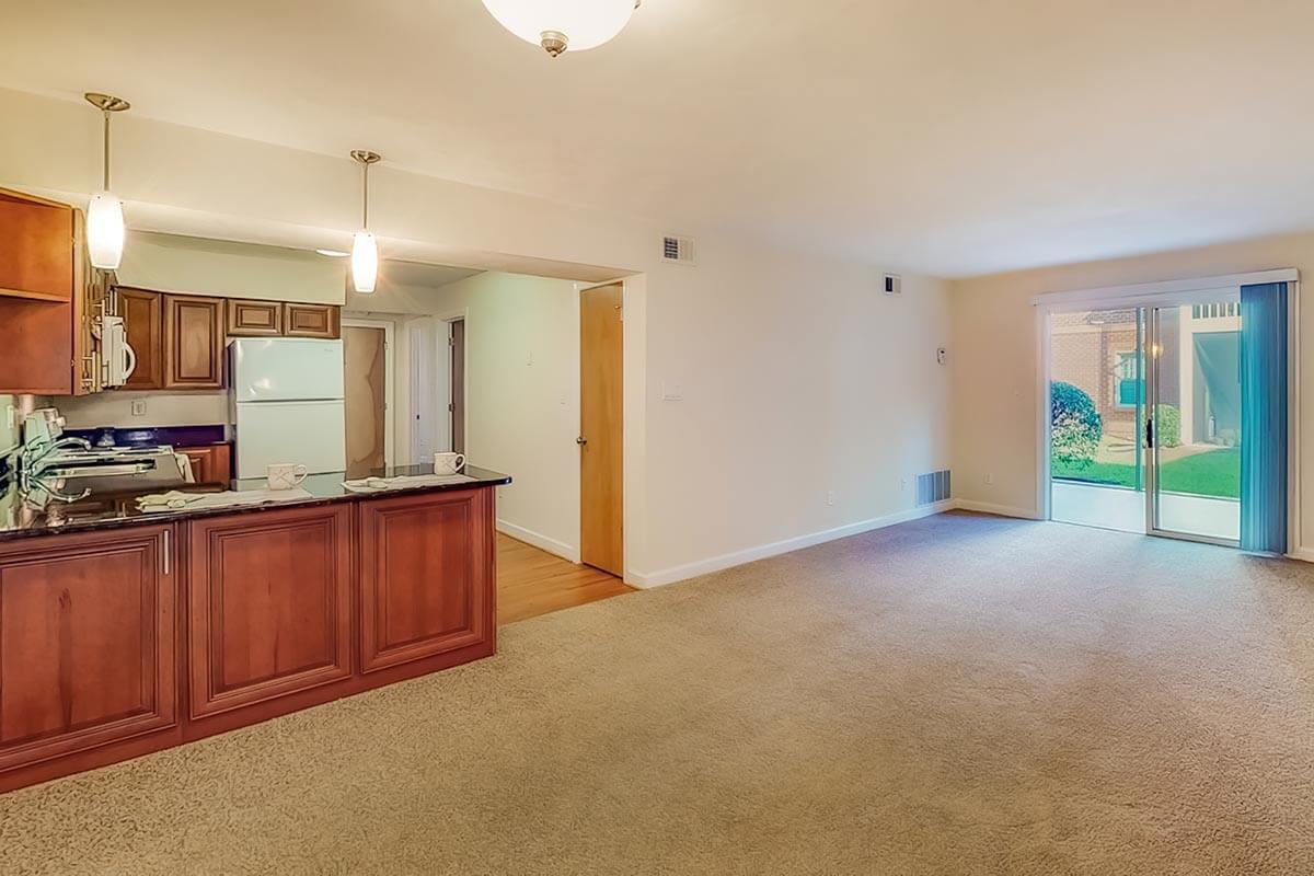 a kitchen with a wood floor