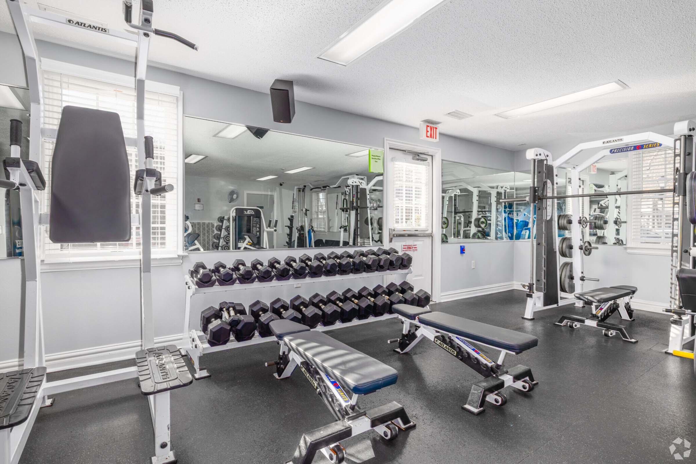 A well-equipped gym with various workout machines, benches, and free weights arranged neatly. Mirrors line the walls, enhancing the spacious feel. The area is brightly lit through windows, creating an inviting atmosphere for exercise and fitness activities.