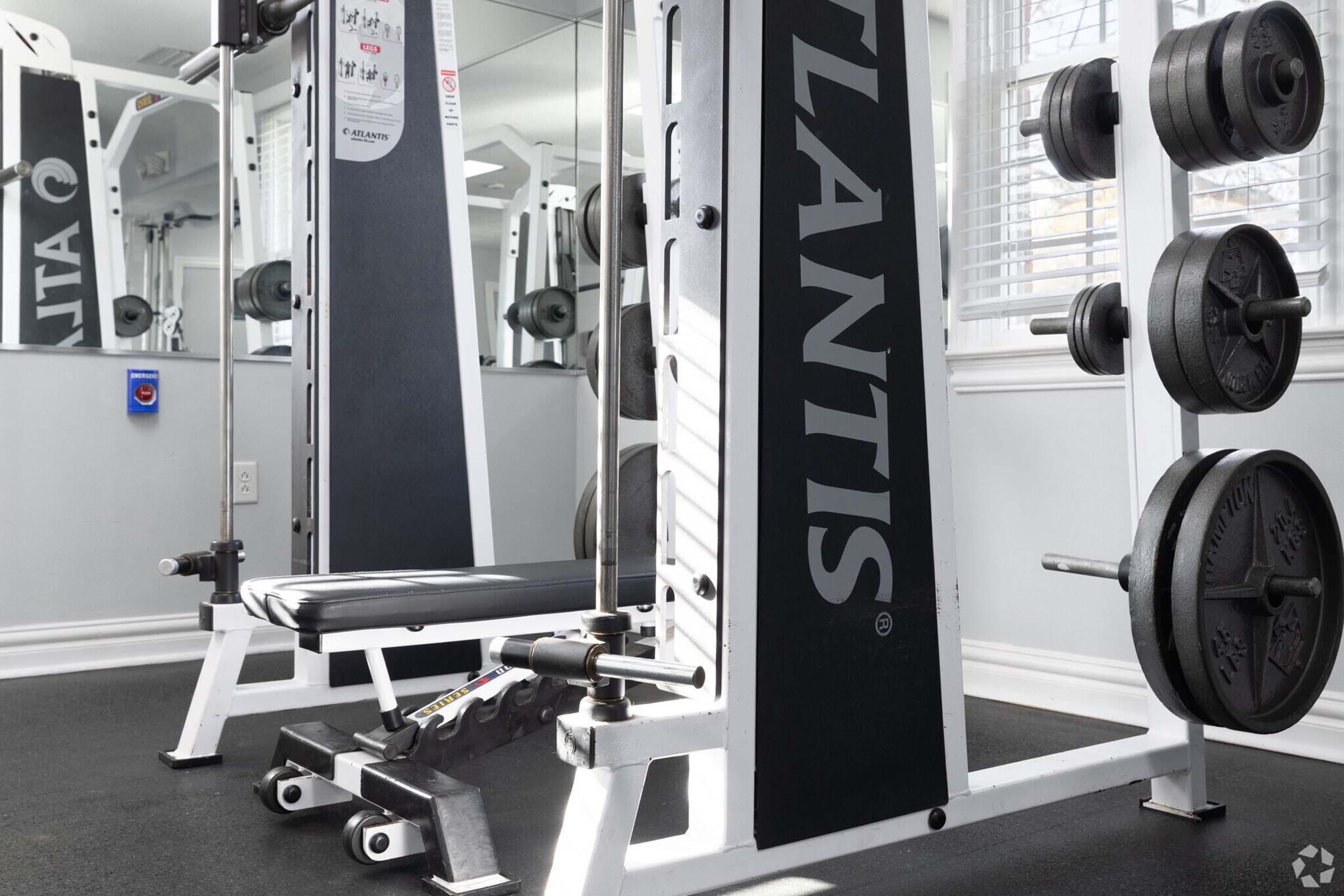 A well-equipped home gym featuring an Atlantis weight training machine, adjustable bench, and free weights. The space is bright with natural light coming through windows, and the floor is covered in black gym flooring. Mirrors on the wall enhance the workout environment.