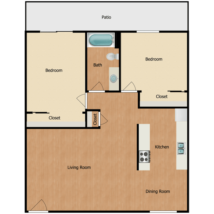Plan B, a 2 bedroom 1 bathroom floor plan.