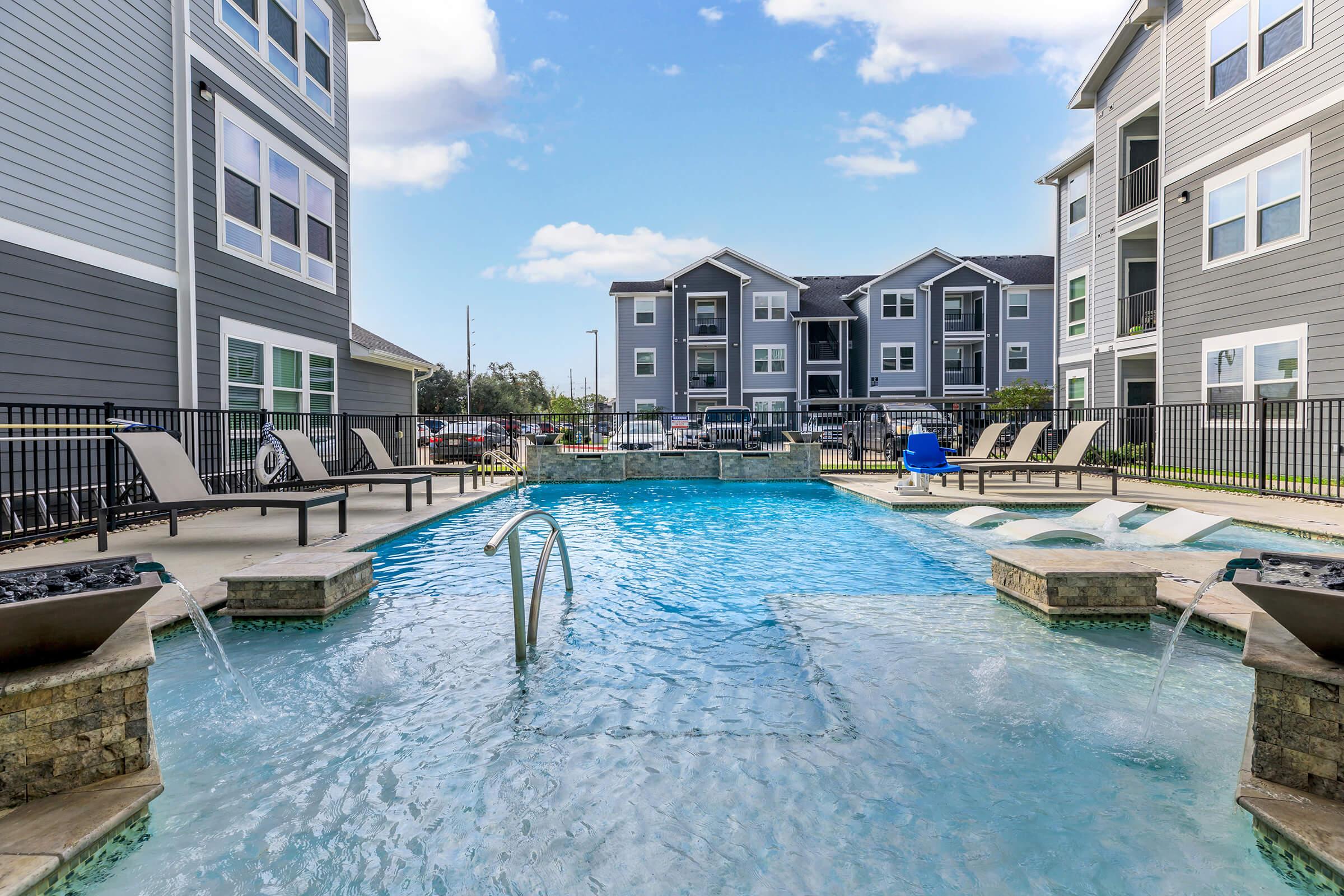 a building with a pool of water