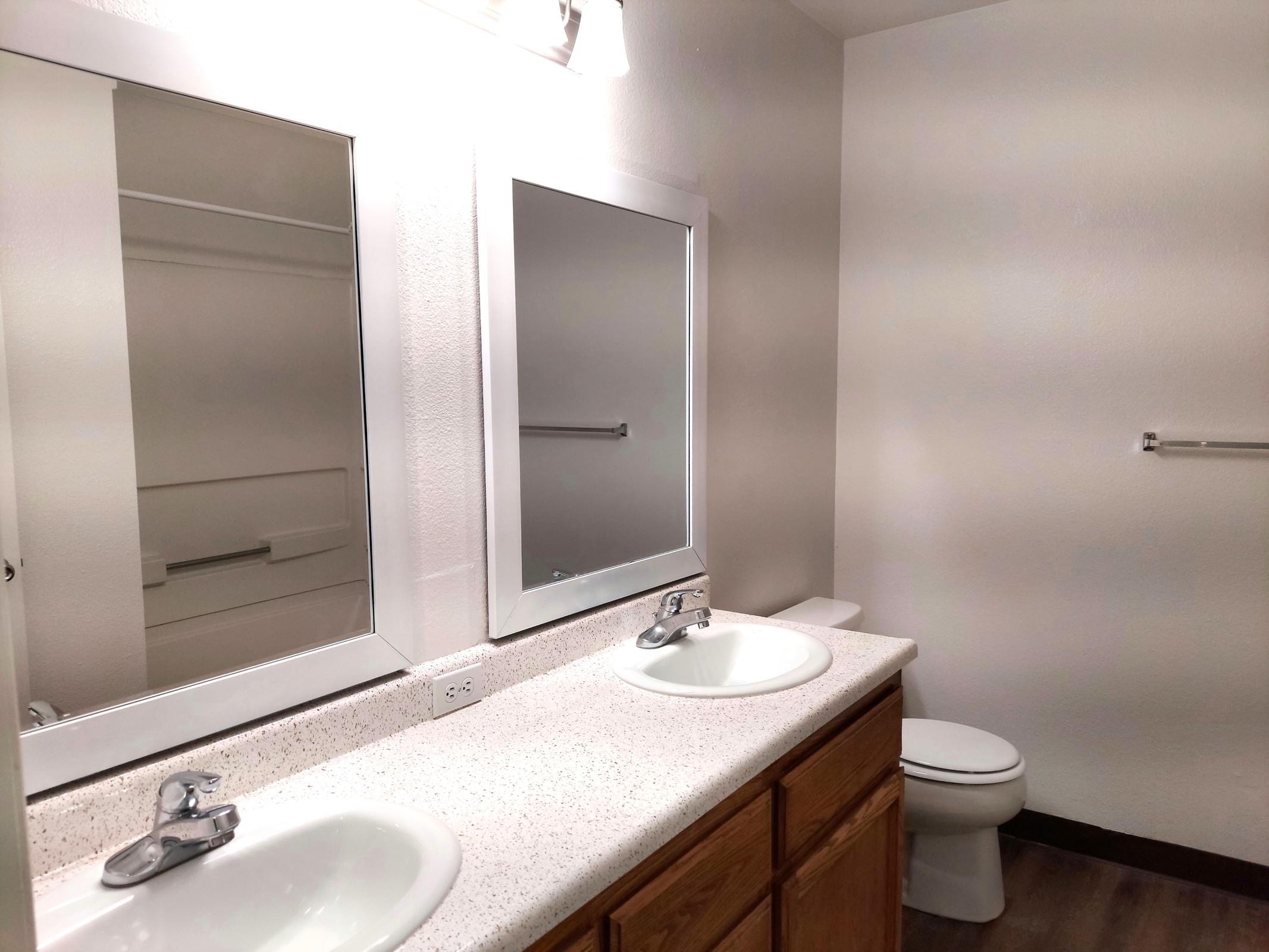 a double sink and large mirror