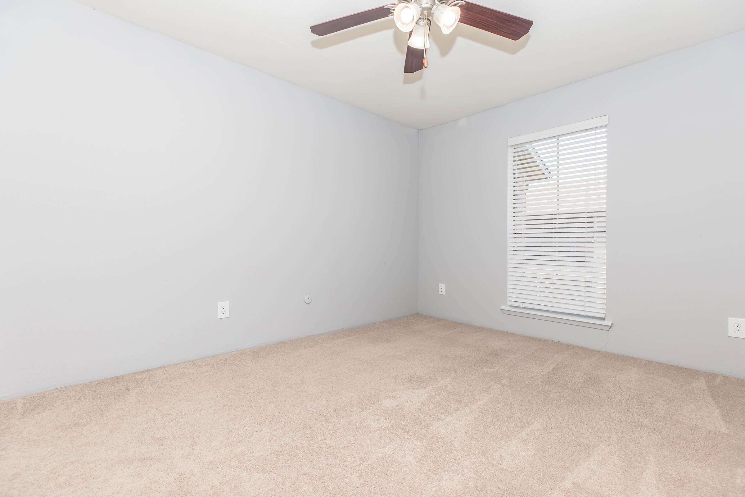 Empty room with light gray walls and beige carpet. A ceiling fan with wooden blades hangs from the ceiling, and there is a window with white blinds letting in natural light. The room is uncluttered and has no furniture.