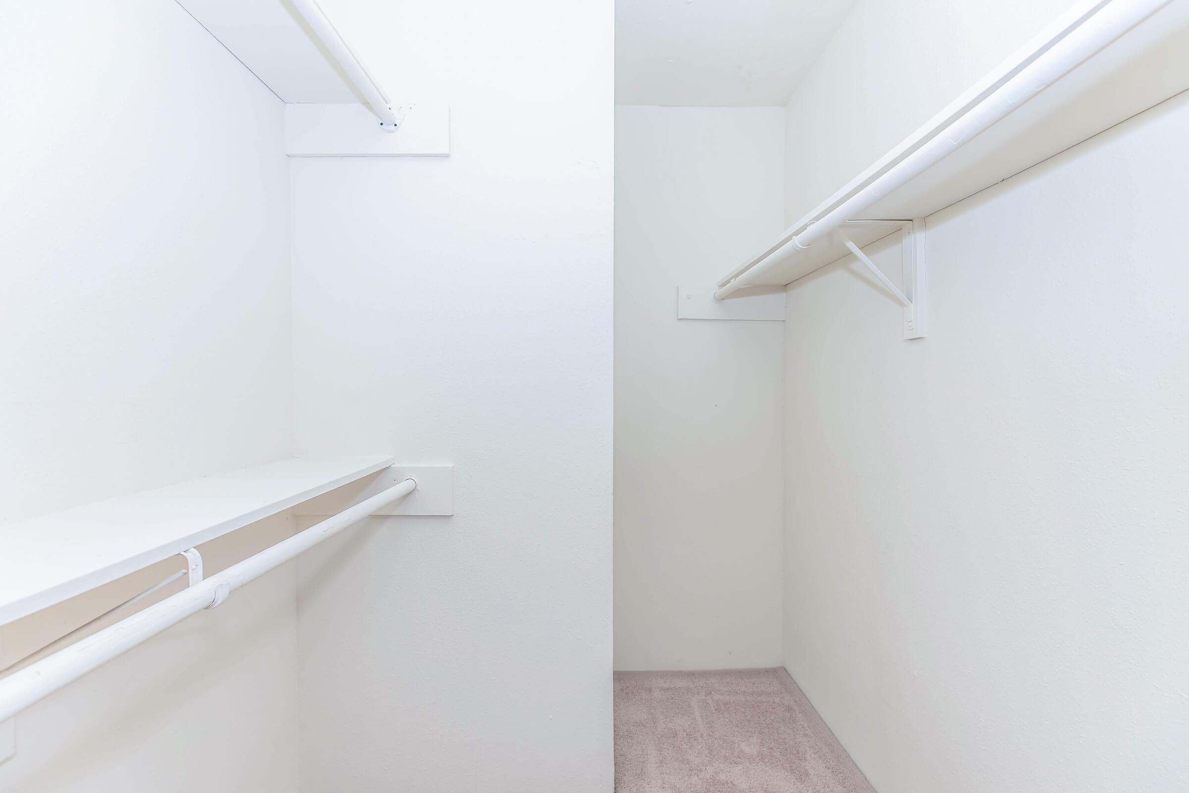 Empty closet with two parallel shelves and two hanging rods, all against plain white walls and a neutral carpeted floor. The space is uncluttered, providing a sense of openness.