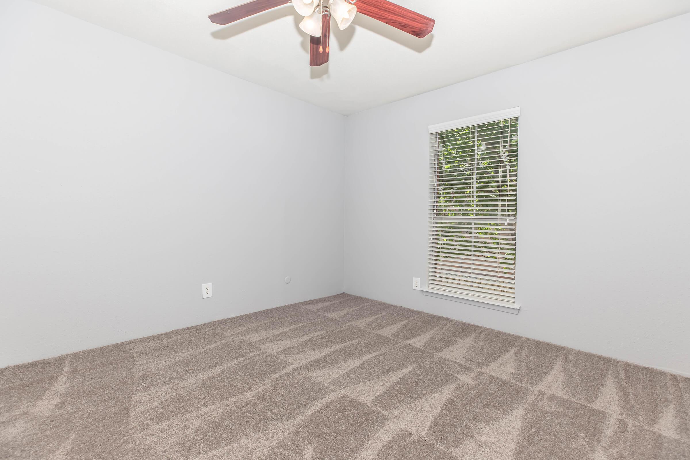 Empty room with light gray walls and a plush carpet. It features a ceiling fan with wooden blades and a window with blinds, allowing natural light to enter. The space has no furniture or decorations, creating a minimalist atmosphere.