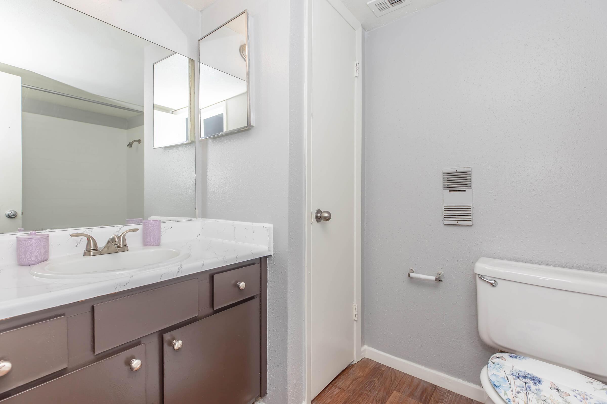 A modern bathroom featuring a double sink vanity with a marble countertop, two wall-mounted mirrors, and gray walls. A white toilet is visible to the right, and a vent is installed on the wall. The flooring is wood-like, and there is a white door leading to another area.