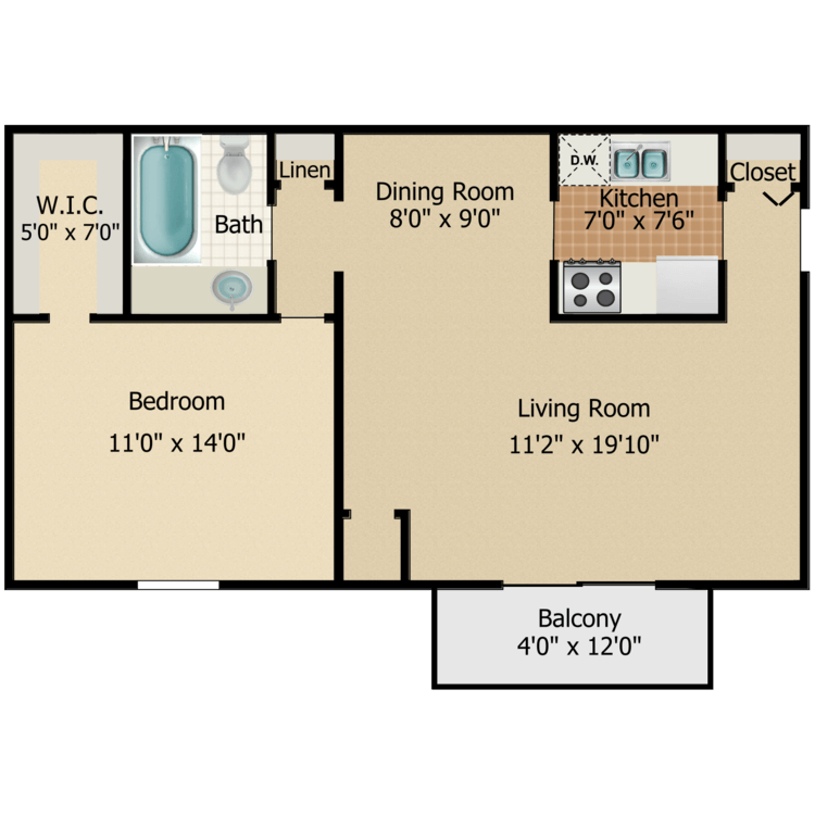 Floor plan image of 1 Bed 1 Bath