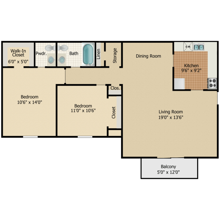 Floor plan image of 2 Bed 1.5 Bath
