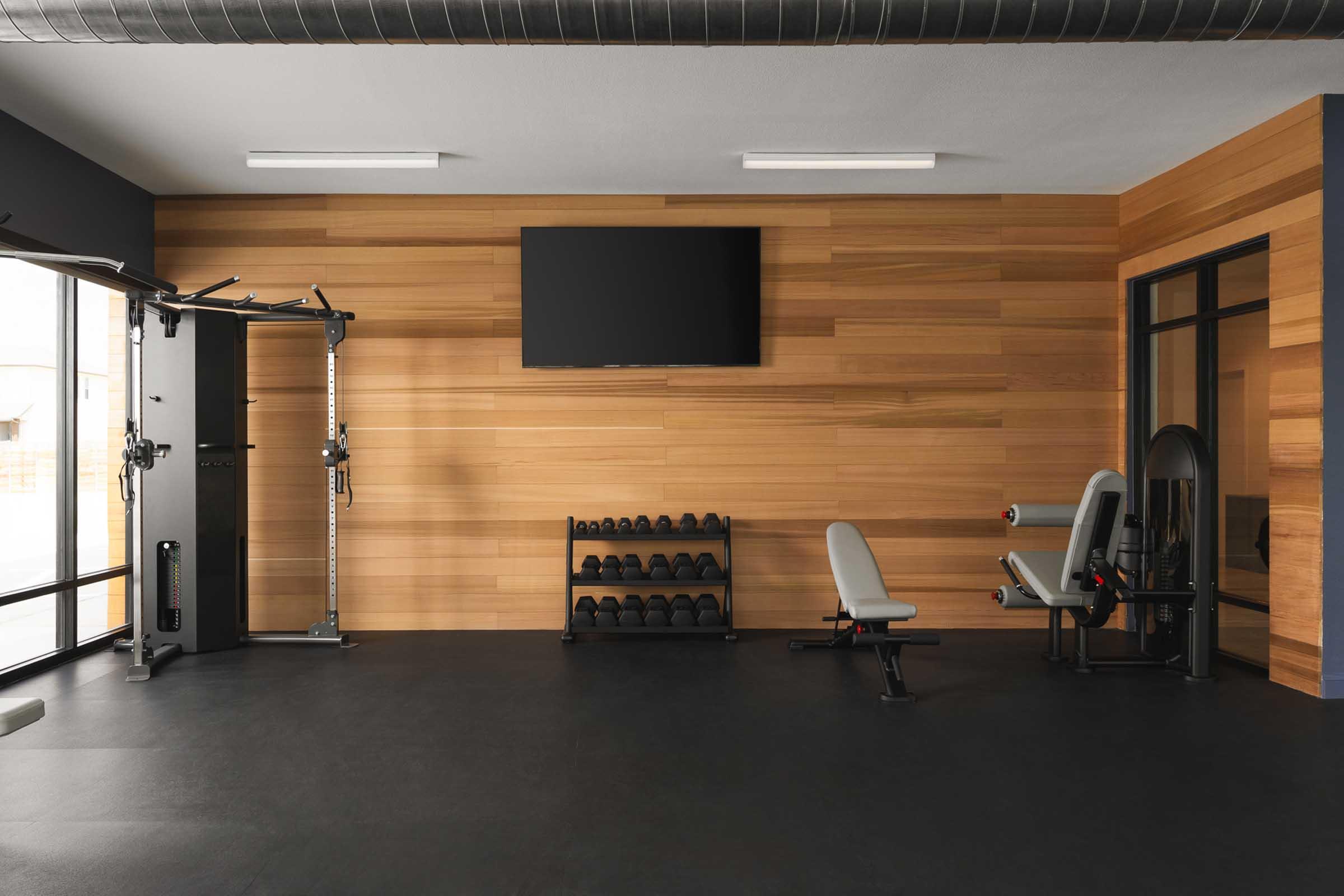 A modern gym space featuring a wooden paneled wall, black rubber flooring, a wall-mounted TV, a multi-functional weight training machine, a bench press, and a rack of dumbbells. The room is well-lit with overhead lights and has large windows letting in natural light.