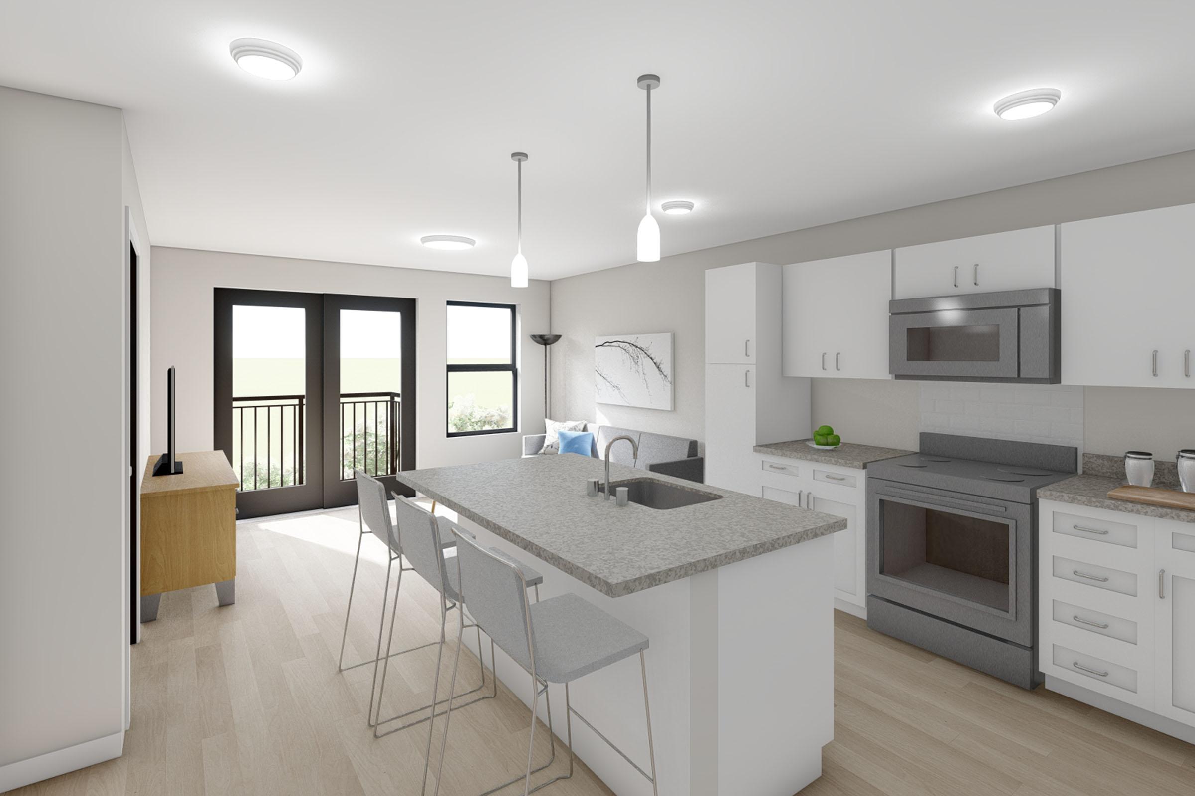 A modern kitchen interior featuring white cabinetry, a large island with seating for three, and stainless steel appliances. The space is well-lit with ceiling lights and has sliding glass doors leading to a balcony. Light wood flooring adds warmth to the contemporary design.