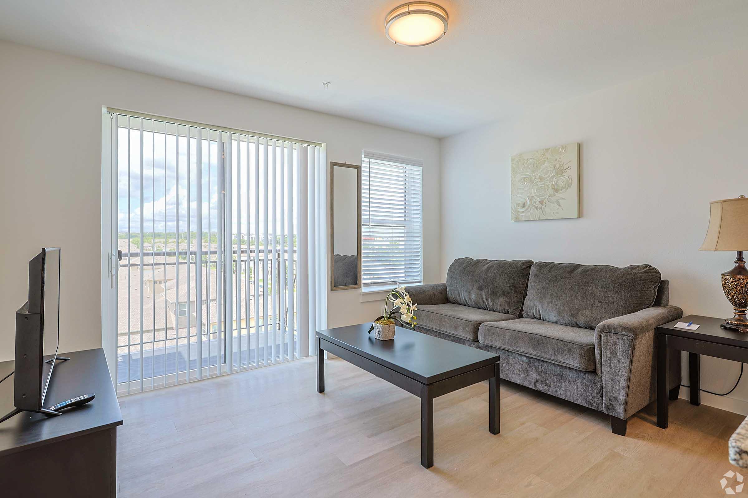 Modern living room with a gray sofa and a black coffee table. A lamp is placed on the table, and a television sits on a stand across from the sofa. Large windows with vertical blinds allow natural light to flow in, showcasing a view outside. The walls are painted in neutral tones, enhancing the bright atmosphere.
