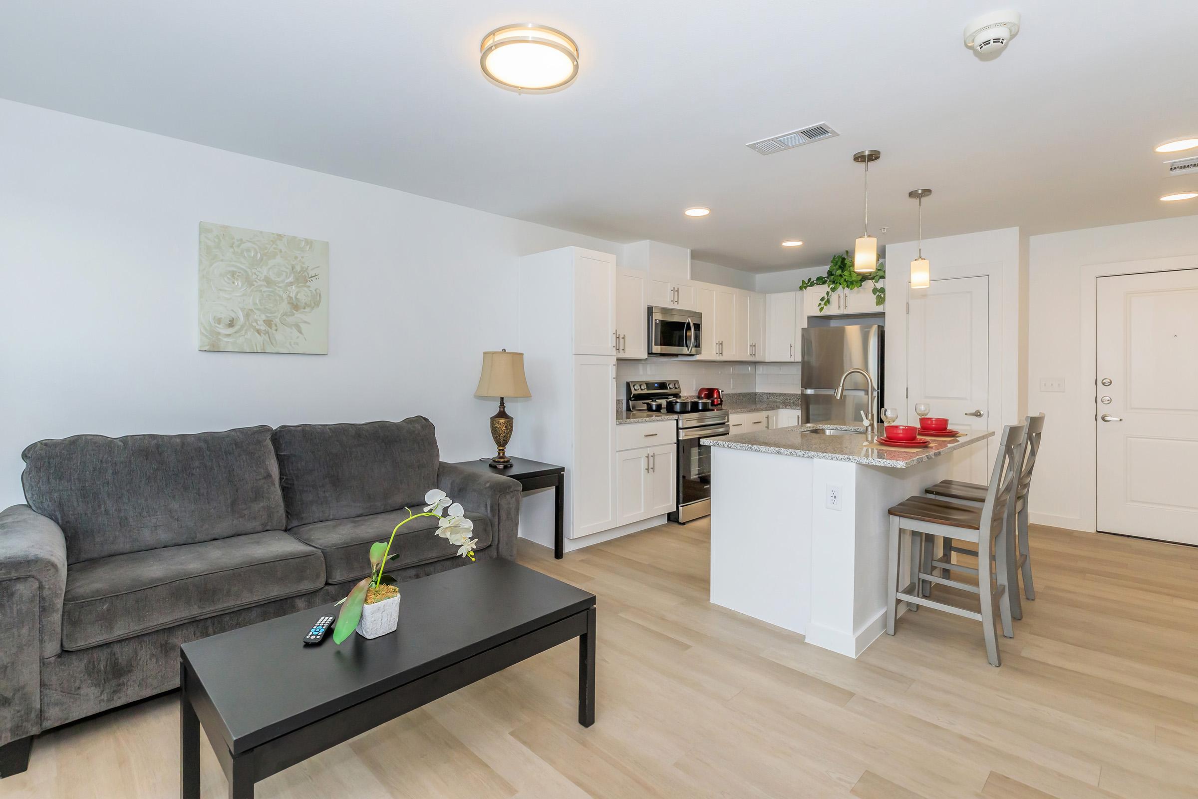 A modern, open-concept living space featuring a gray sofa, a black coffee table, and a kitchen area with white cabinetry and stainless steel appliances. There is a small dining area with bar stools and decorative elements like a lamp and a floral wall art piece. The space is well-lit and inviting.