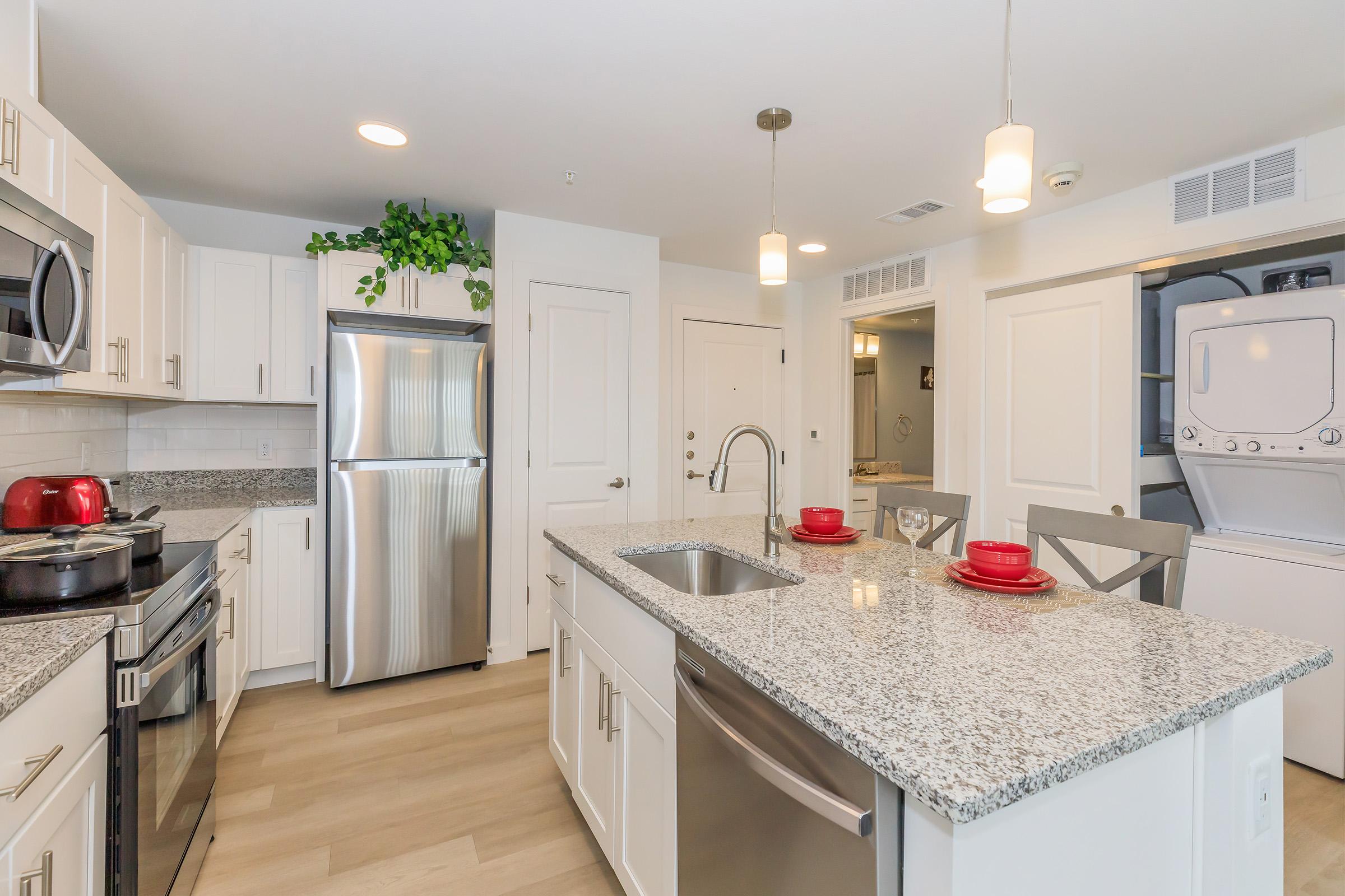 Modern kitchen featuring white cabinets, stainless steel appliances, and a granite countertop. A central island with a sink and two red plates is visible, along with a microwave and range. A laundry area can be seen in the background, and there's greenery above the cabinets, adding a touch of nature to the space.