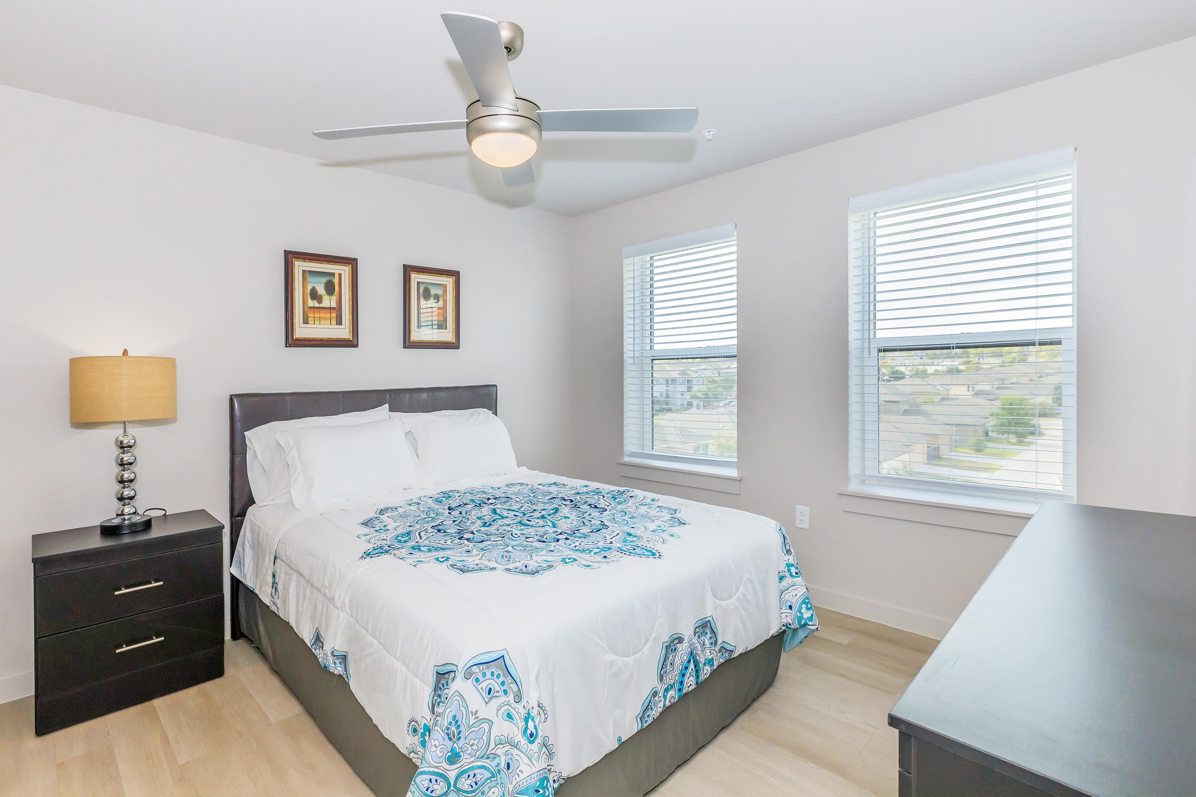 A well-lit bedroom featuring a queen bed with a blue and white patterned bedspread, beside tables, and a lamp. There are two windows with blinds allowing natural light, and framed artwork on the walls. A dresser sits opposite the bed, and the floor is light-colored wood.