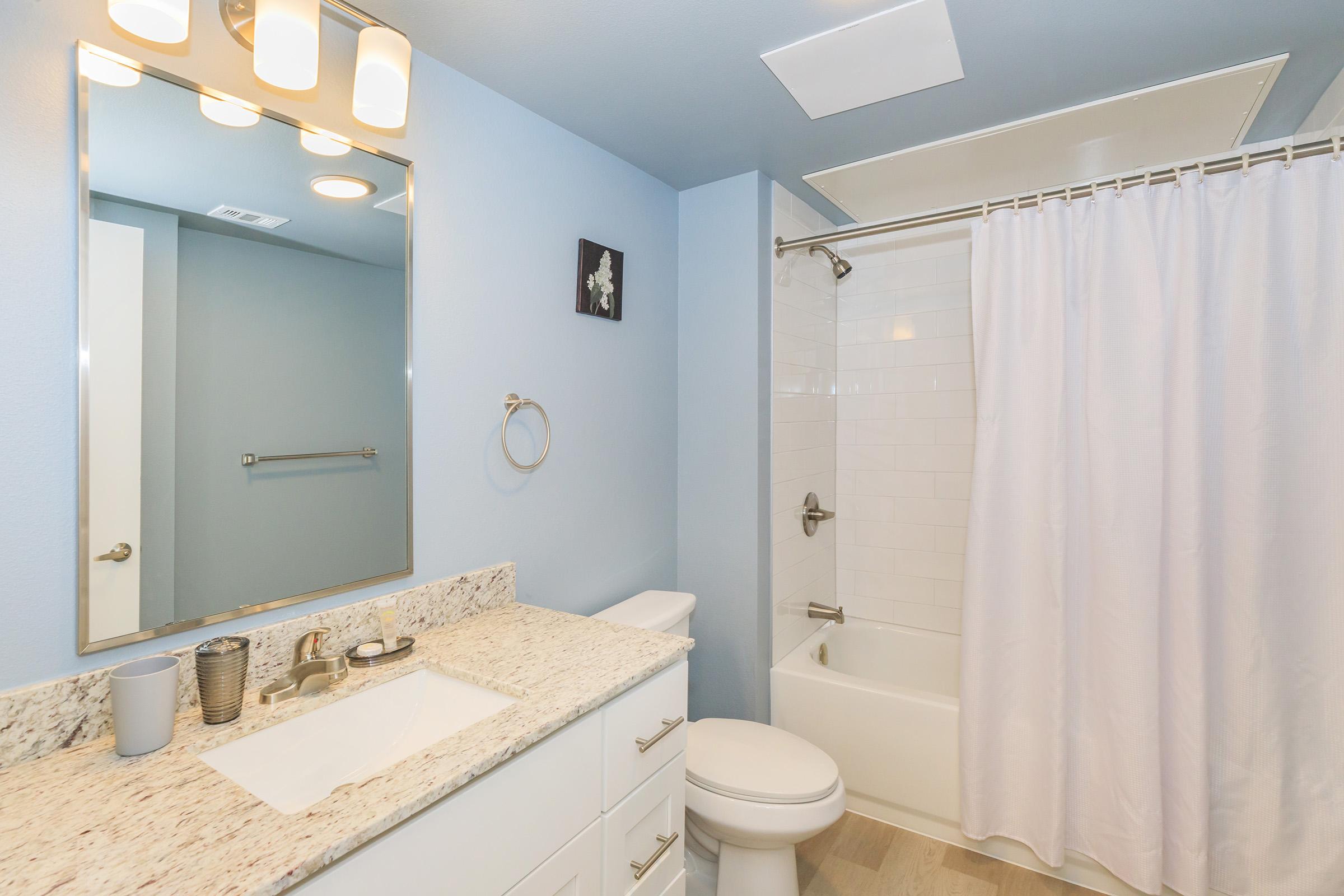 A modern bathroom featuring a light blue wall, a granite countertop with a sink, a large mirror above the sink, and a shower with a white curtain. The bathroom includes a toilet and a small wall-mounted towel rack, along with a decorative piece on the wall. Bright lighting fixtures are installed above the mirror.