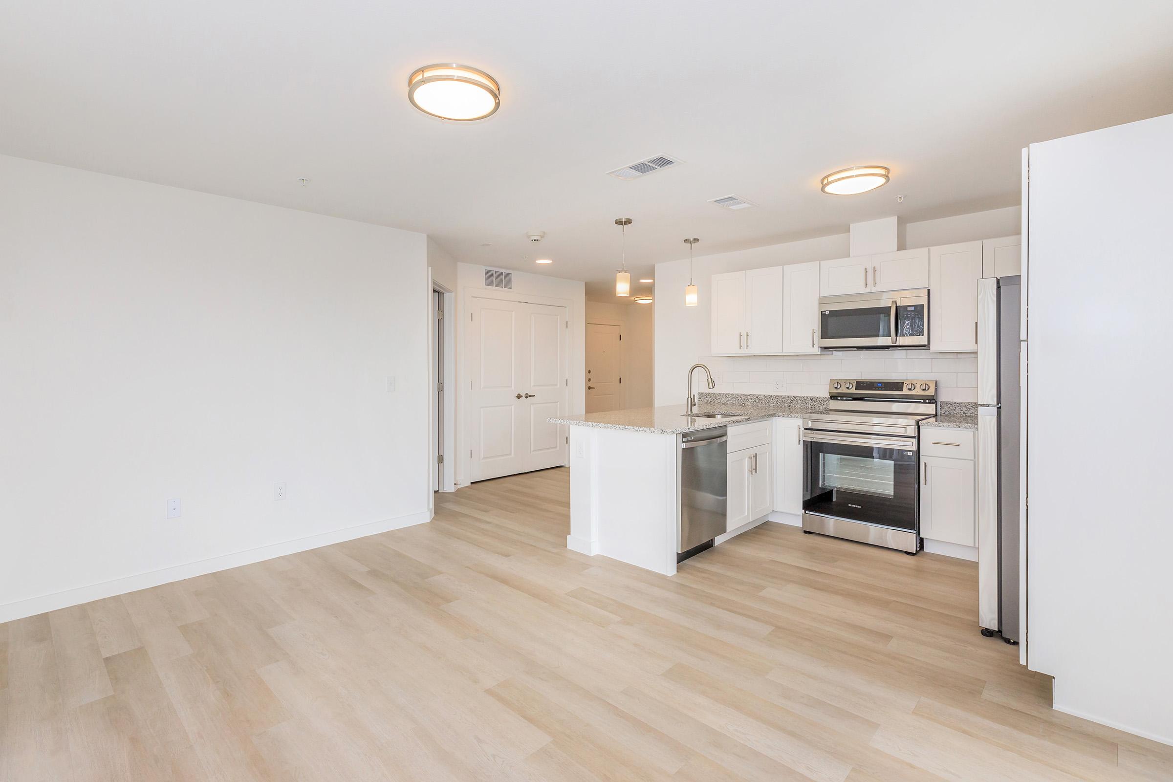 Modern kitchen and living area featuring light-colored wooden flooring, stainless steel appliances, granite countertops, and white cabinetry. Well-lit space with recessed lighting and an open layout, creating a spacious and inviting atmosphere.