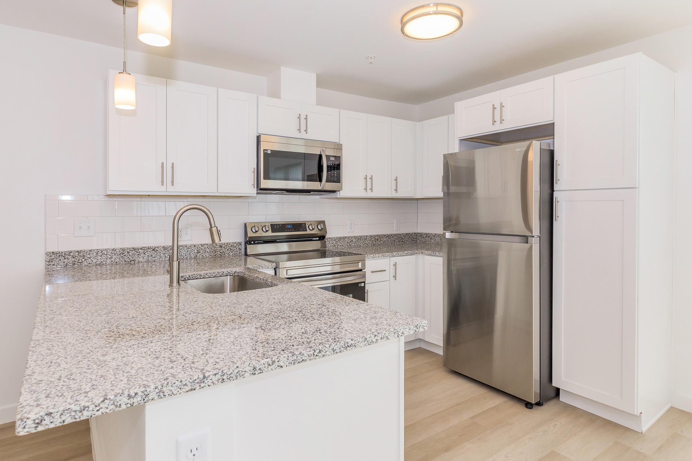 Modern kitchen with white cabinetry, stainless steel appliances, and a granite countertop island. Features include a built-in microwave, oven, and a large refrigerator. Pendant lighting hangs above the island, enhancing the bright and clean aesthetic. Light wood plank flooring contrasts with the cabinetry.