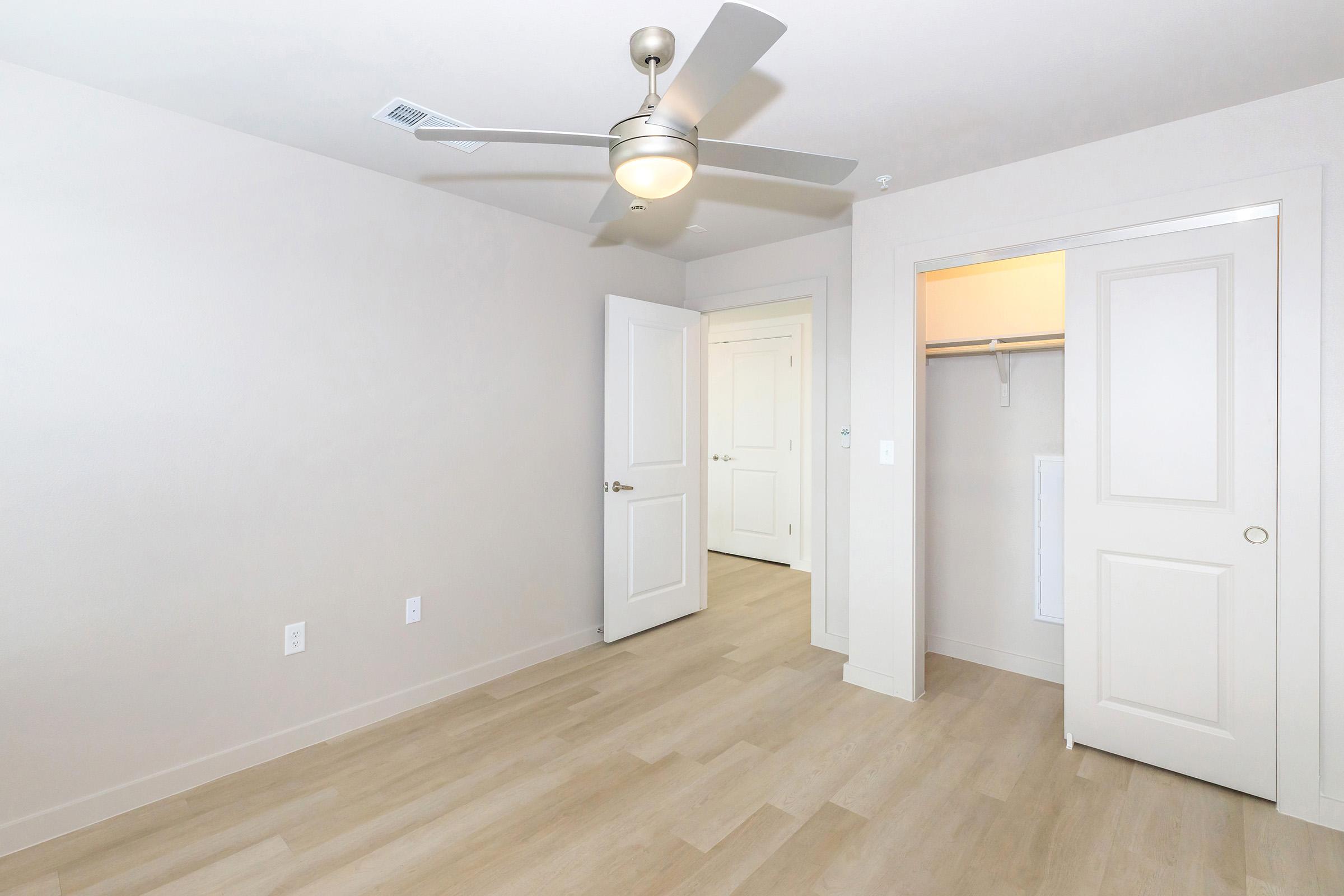 A well-lit, empty room featuring light-colored walls and light wood flooring. It includes a ceiling fan, two doors leading to adjacent spaces, and a closet with an open door. The overall ambiance is modern and spacious, ideal for various uses.