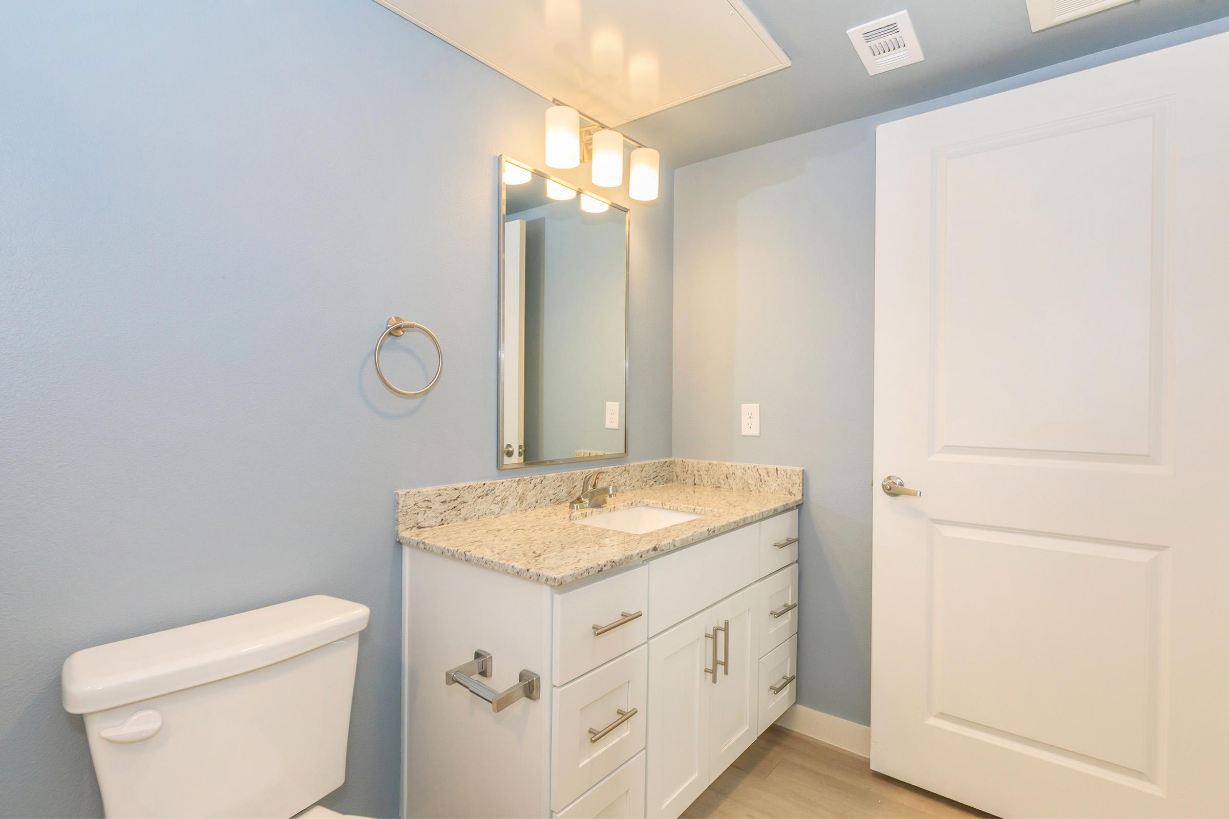 Modern bathroom featuring a light blue wall, a white vanity with a granite countertop, a rectangular mirror with overhead lighting, a towel ring on the wall, a white toilet, and a closed door. The overall decor emphasizes a clean and contemporary aesthetic.